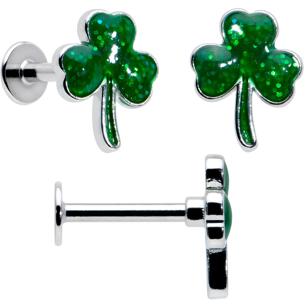 BodyCandy 16G 1/4 Leprechaun Legs Shamrock UV Glow Labret Set of 3 — detail close-up