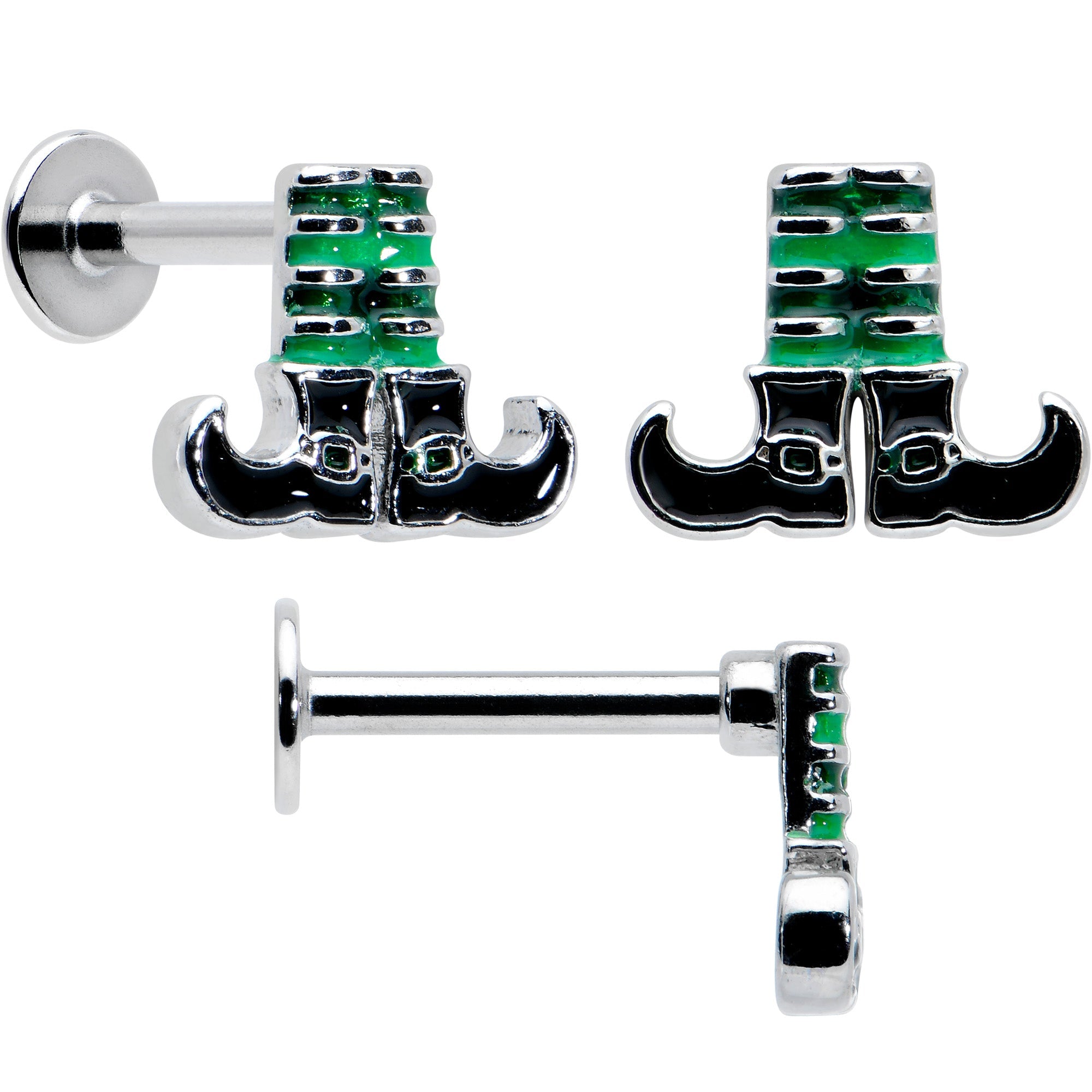 BodyCandy 16G 1/4 Leprechaun Legs Shamrock UV Glow Labret Set of 3 — lifestyle context