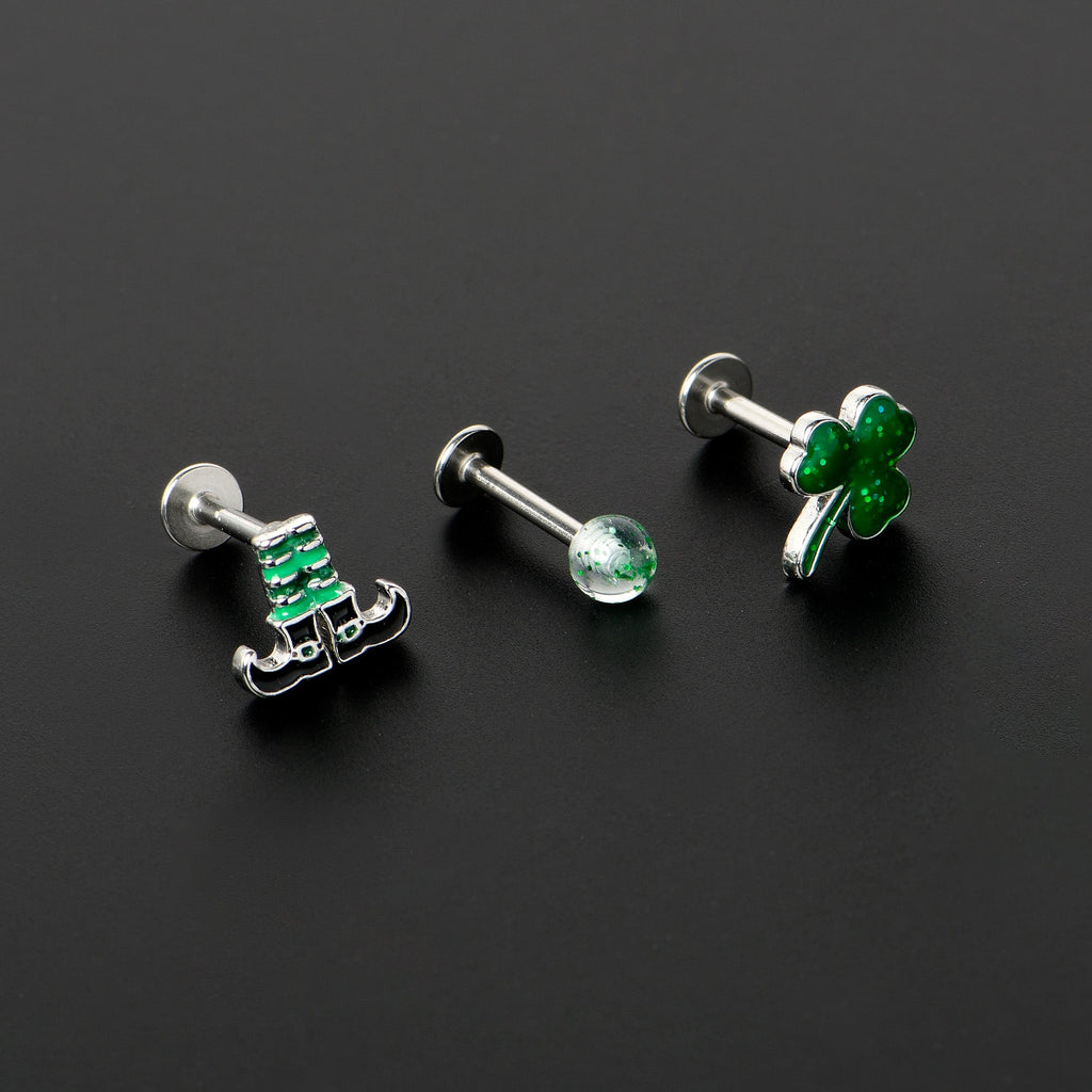 BodyCandy 16G 1/4 Leprechaun Legs Shamrock UV Glow Labret Set of 3 — alternative angle