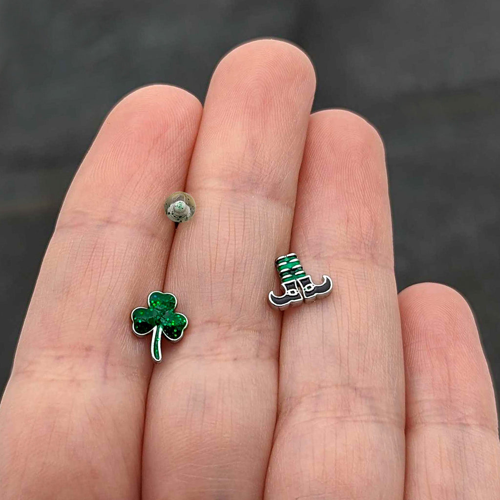 BodyCandy 16G 1/4 Leprechaun Legs Shamrock UV Glow Labret Set of 3 — size reference