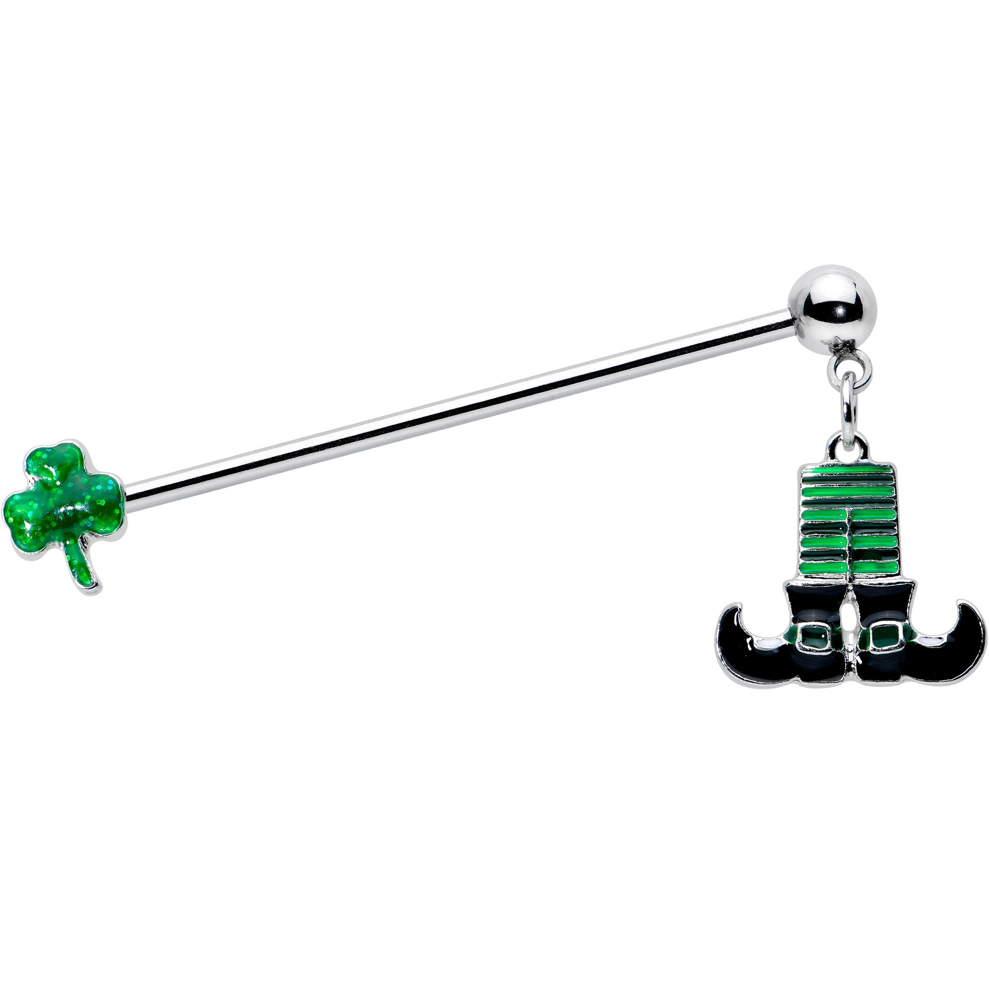 BodyCandy 14G Leprechaun Legs Shamrock Dangle Industrial Barbell 38mm — main product shot
