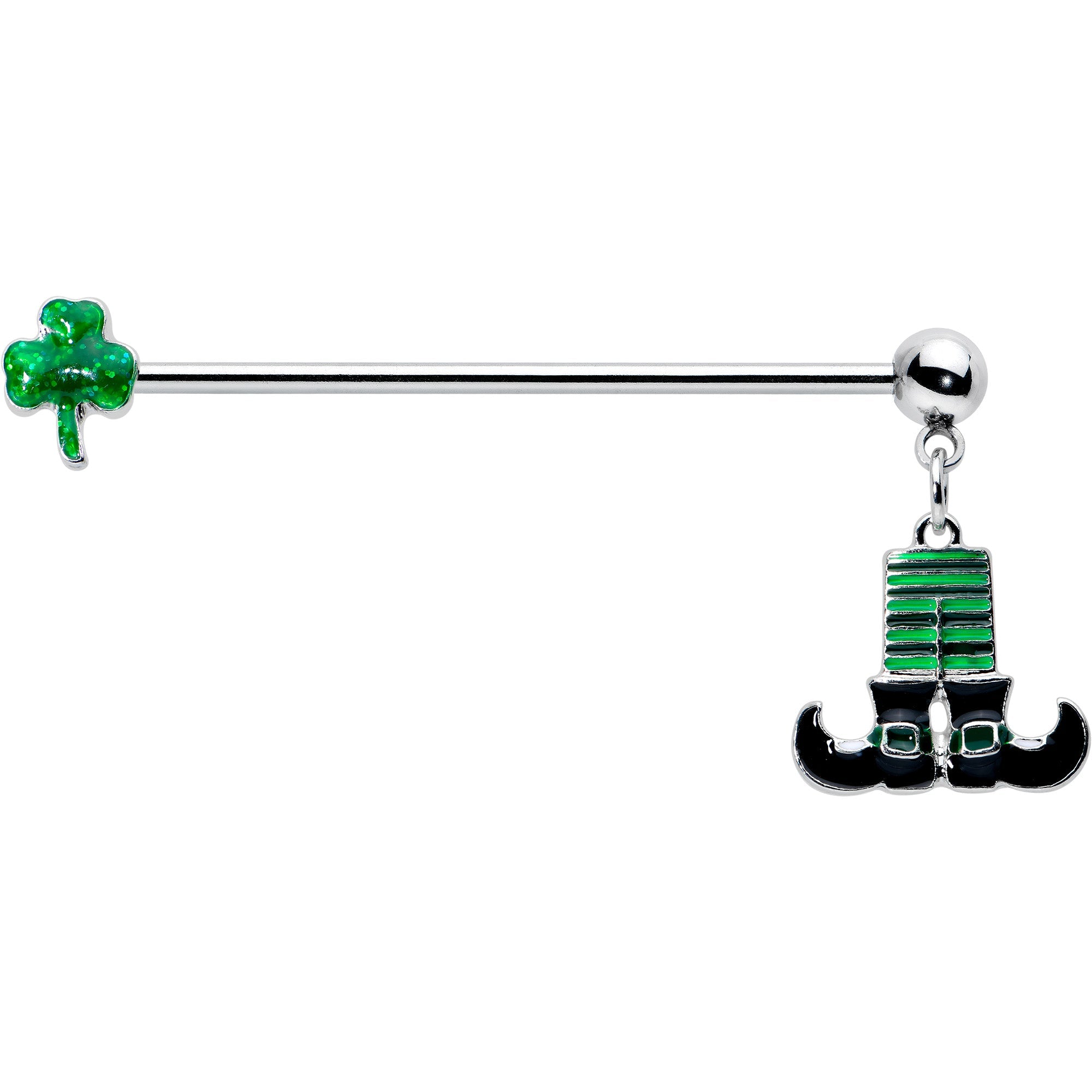 BodyCandy 14G Leprechaun Legs Shamrock Dangle Industrial Barbell 38mm — detail close-up