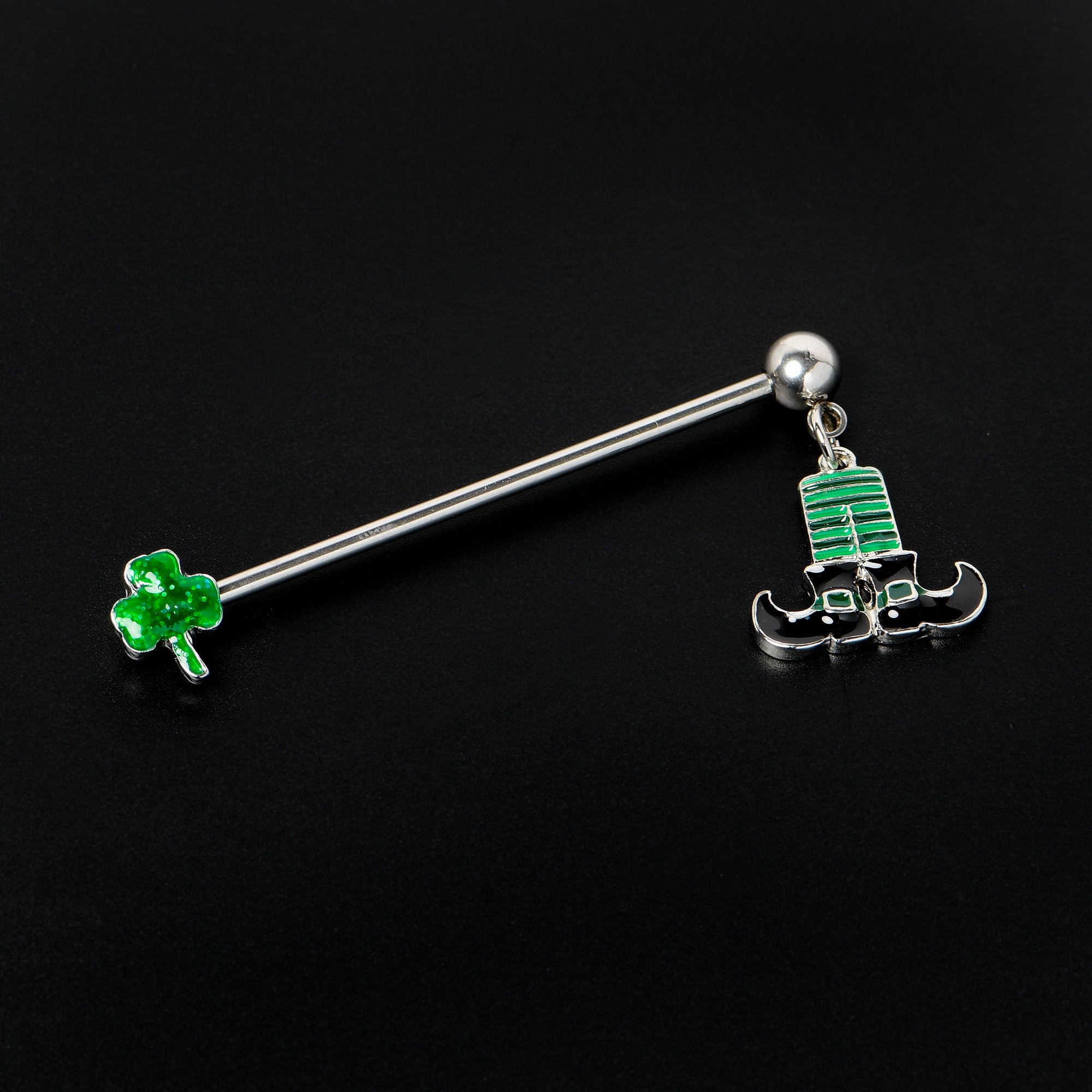 BodyCandy 14G Leprechaun Legs Shamrock Dangle Industrial Barbell 38mm — back view