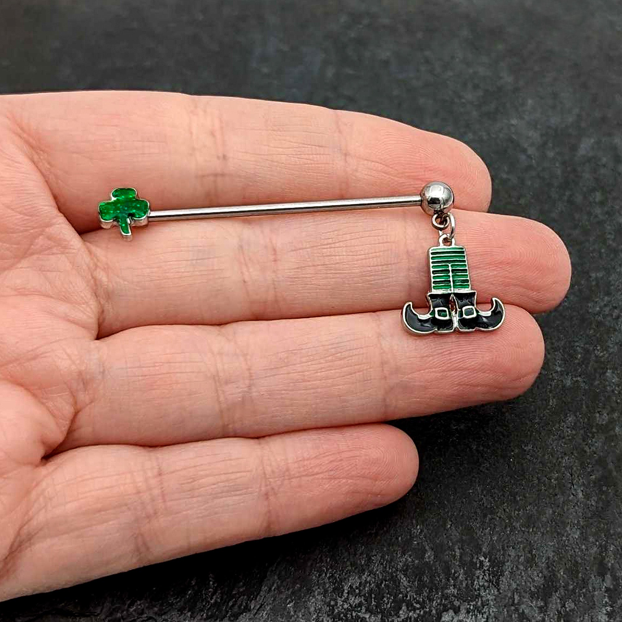 BodyCandy 14G Leprechaun Legs Shamrock Dangle Industrial Barbell 38mm — in-use photo