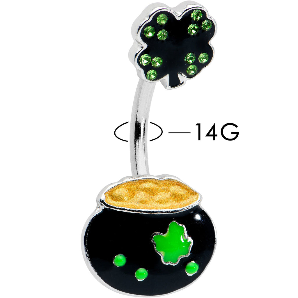 BodyCandy Green Gem Shamrock Pot Of Gold Black Double Mount Belly Ring — detail close-up