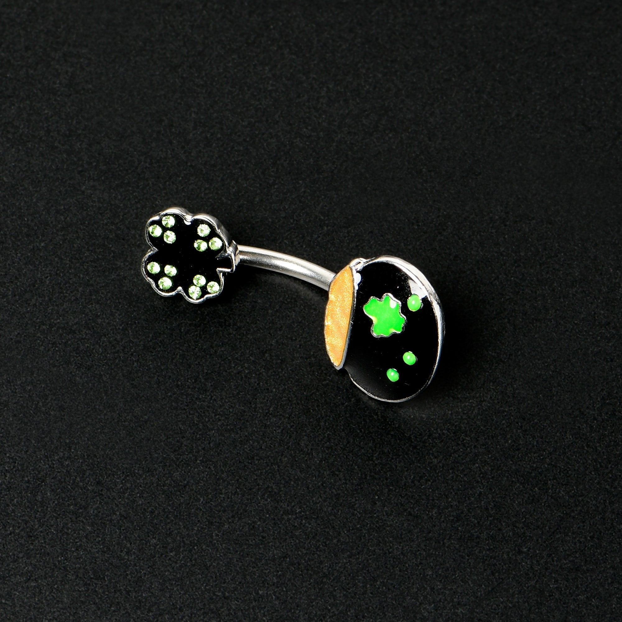 BodyCandy Green Gem Shamrock Pot Of Gold Black Double Mount Belly Ring — side view