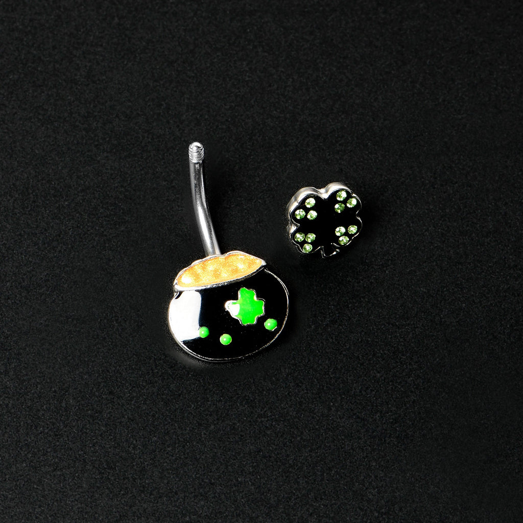 BodyCandy Green Gem Shamrock Pot Of Gold Black Double Mount Belly Ring — back view