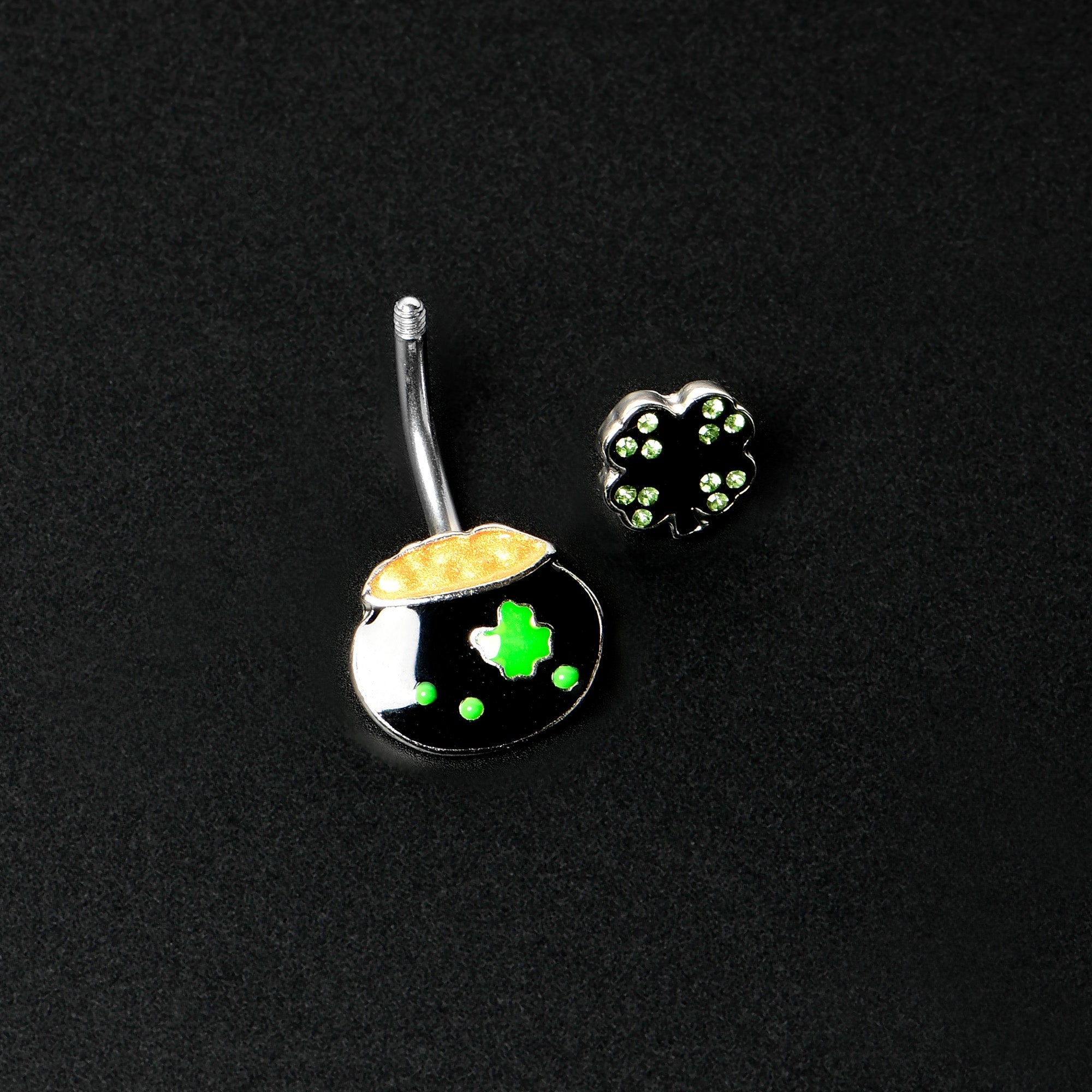 BodyCandy Green Gem Shamrock Pot Of Gold Black Double Mount Belly Ring — back view