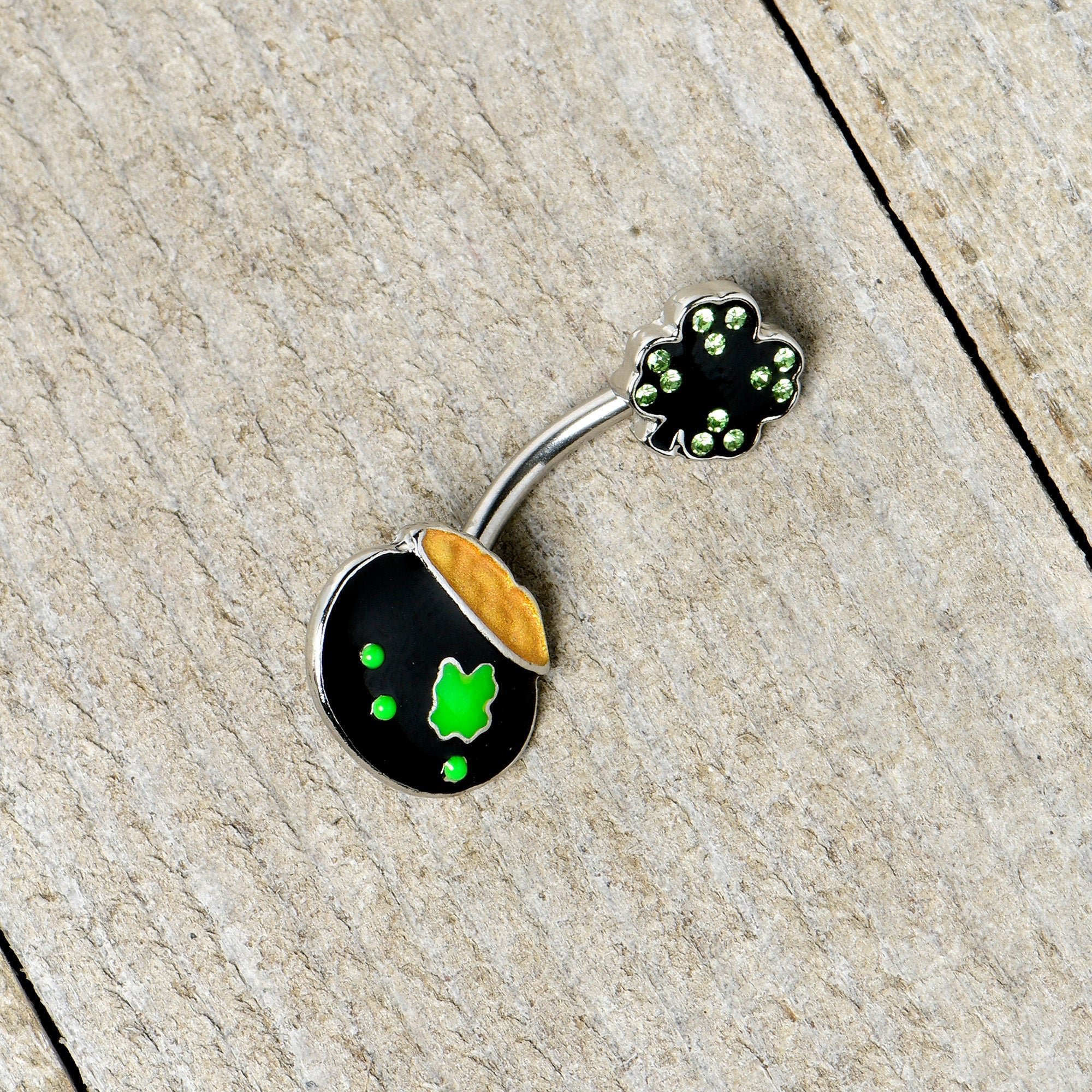 BodyCandy Green Gem Shamrock Pot Of Gold Black Double Mount Belly Ring — alternative angle