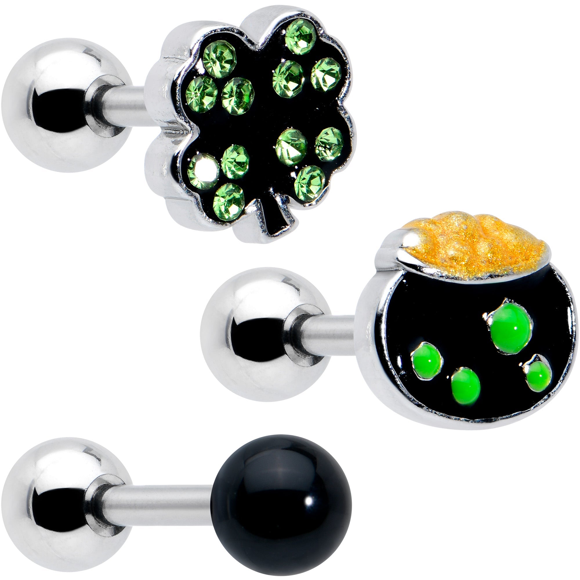 BodyCandy 16G 1/4 Green Gem  Shamrock Pot of Gold Cartilage Earring Curation Set of 3 — main product shot