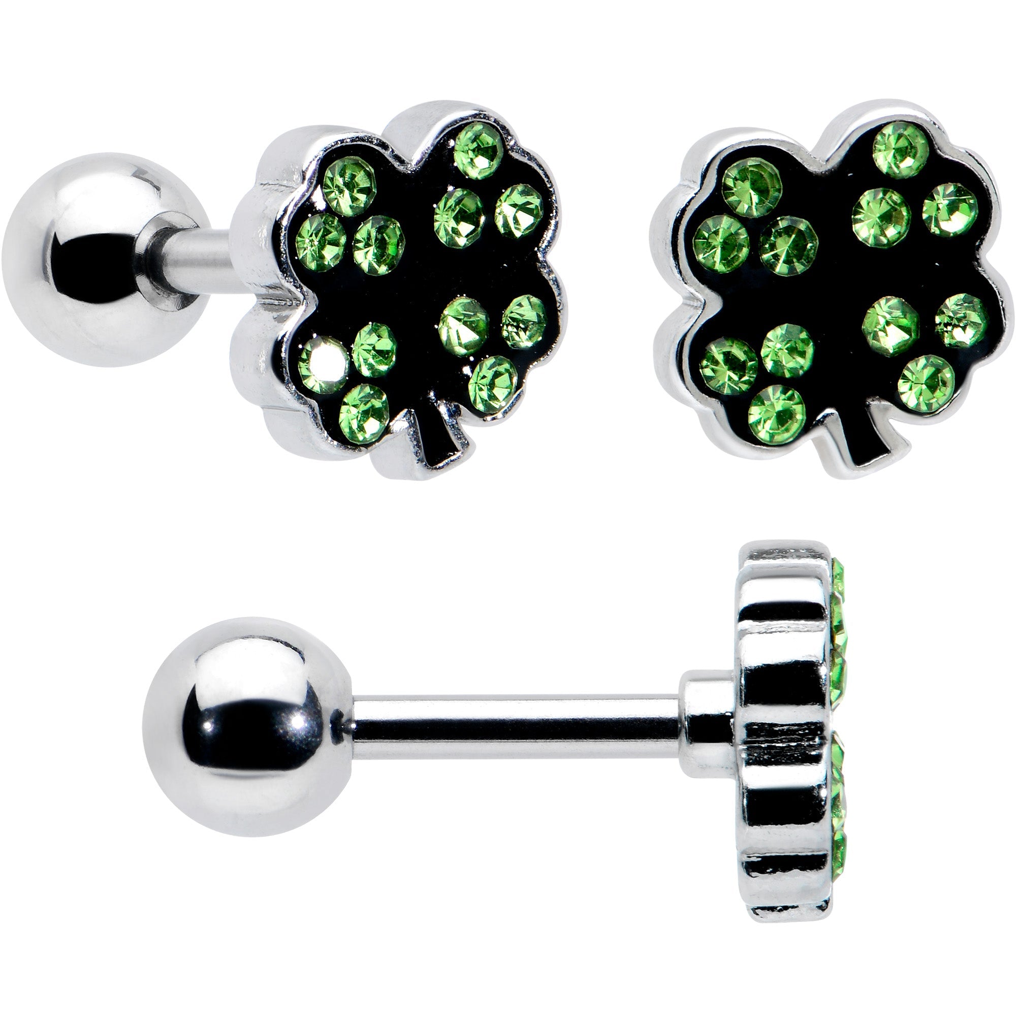 BodyCandy 16G 1/4 Green Gem  Shamrock Pot of Gold Cartilage Earring Curation Set of 3 — detail close-up