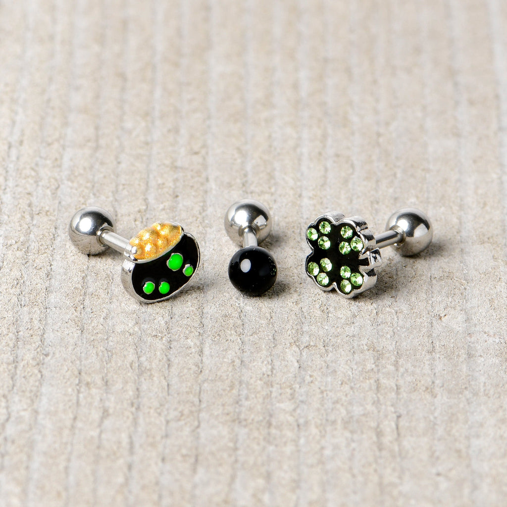 BodyCandy 16G 1/4 Green Gem  Shamrock Pot of Gold Cartilage Earring Curation Set of 3 — in-use photo