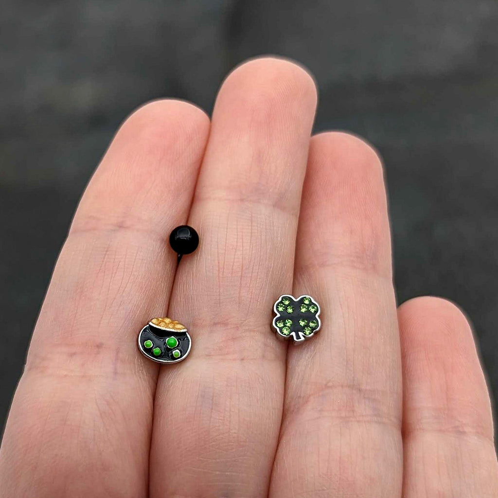 BodyCandy 16G 1/4 Green Gem  Shamrock Pot of Gold Cartilage Earring Curation Set of 3 — size reference