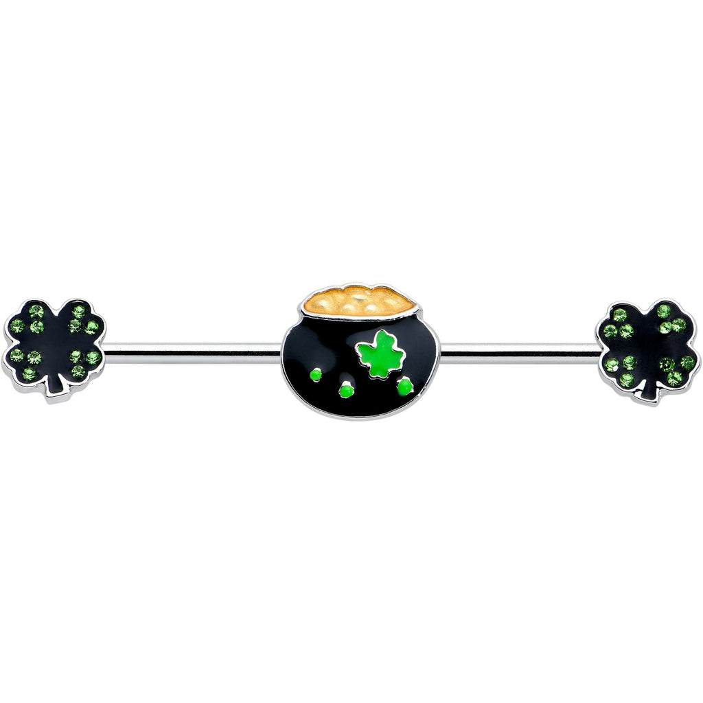 BodyCandy 14G Green Gem Shamrock Pot of Gold Industrial Barbell 38mm — detail close-up