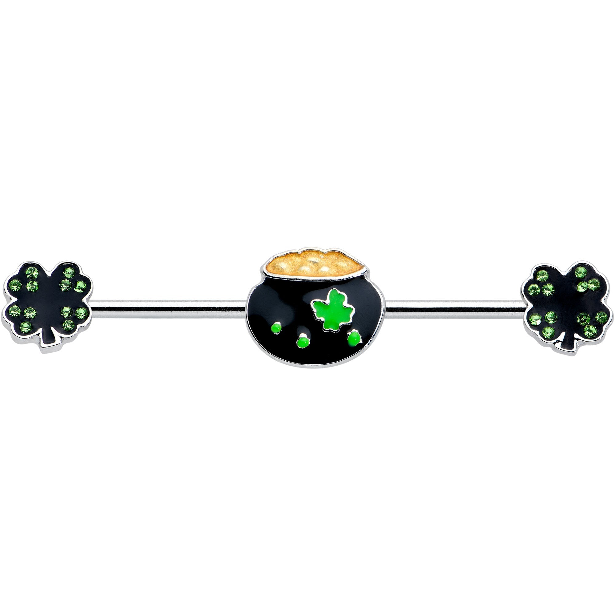 BodyCandy 14G Green Gem Shamrock Pot of Gold Industrial Barbell 38mm — detail close-up