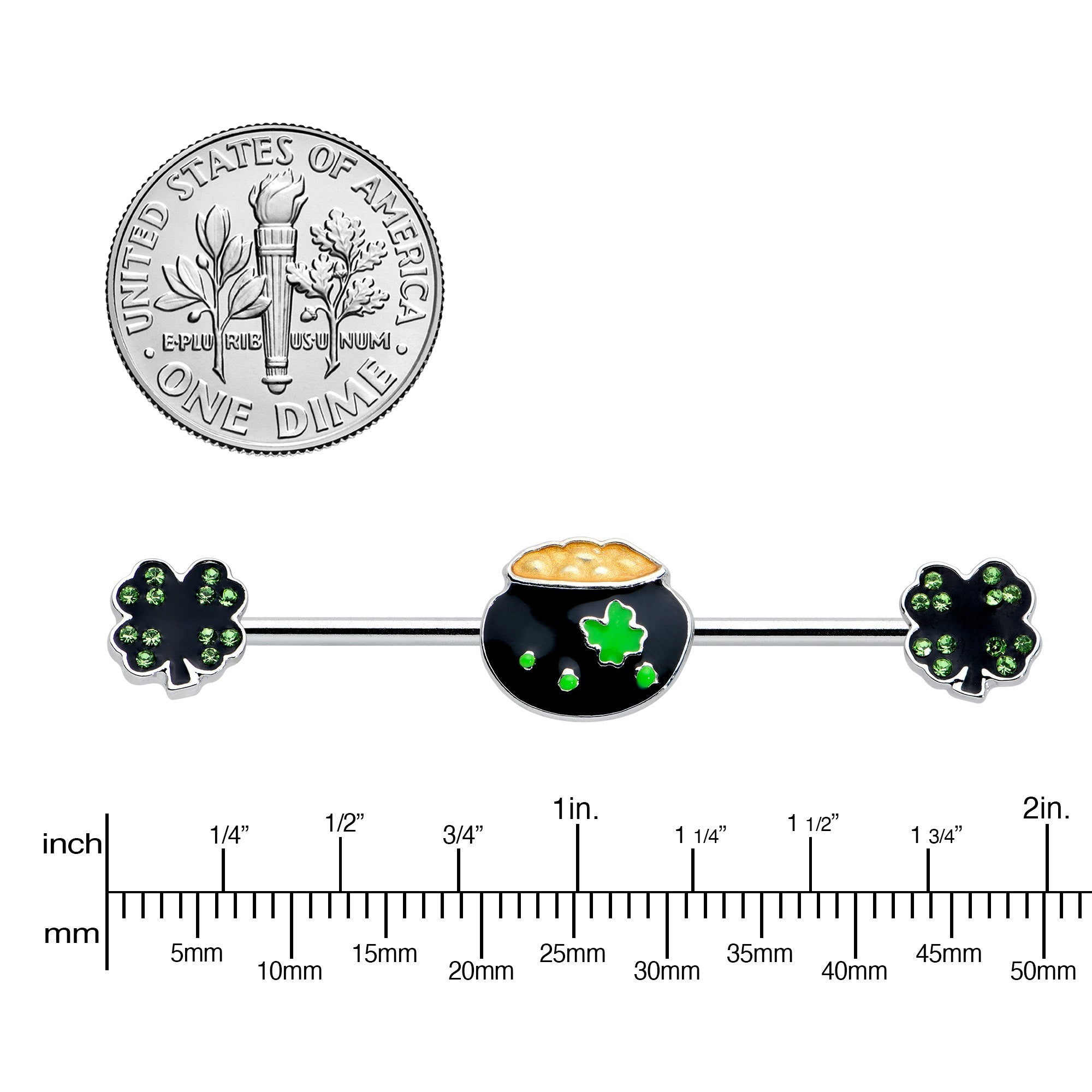 BodyCandy 14G Green Gem Shamrock Pot of Gold Industrial Barbell 38mm — lifestyle context
