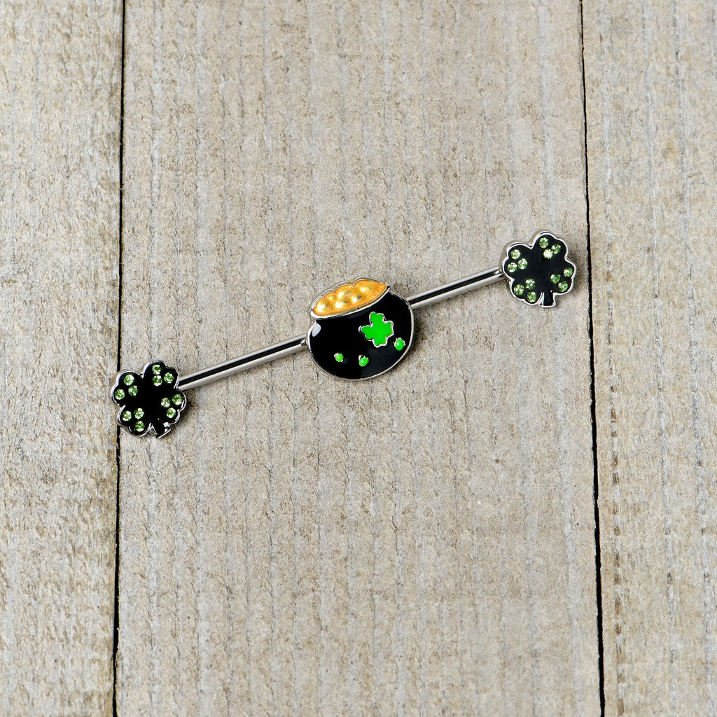 BodyCandy 14G Green Gem Shamrock Pot of Gold Industrial Barbell 38mm — side view