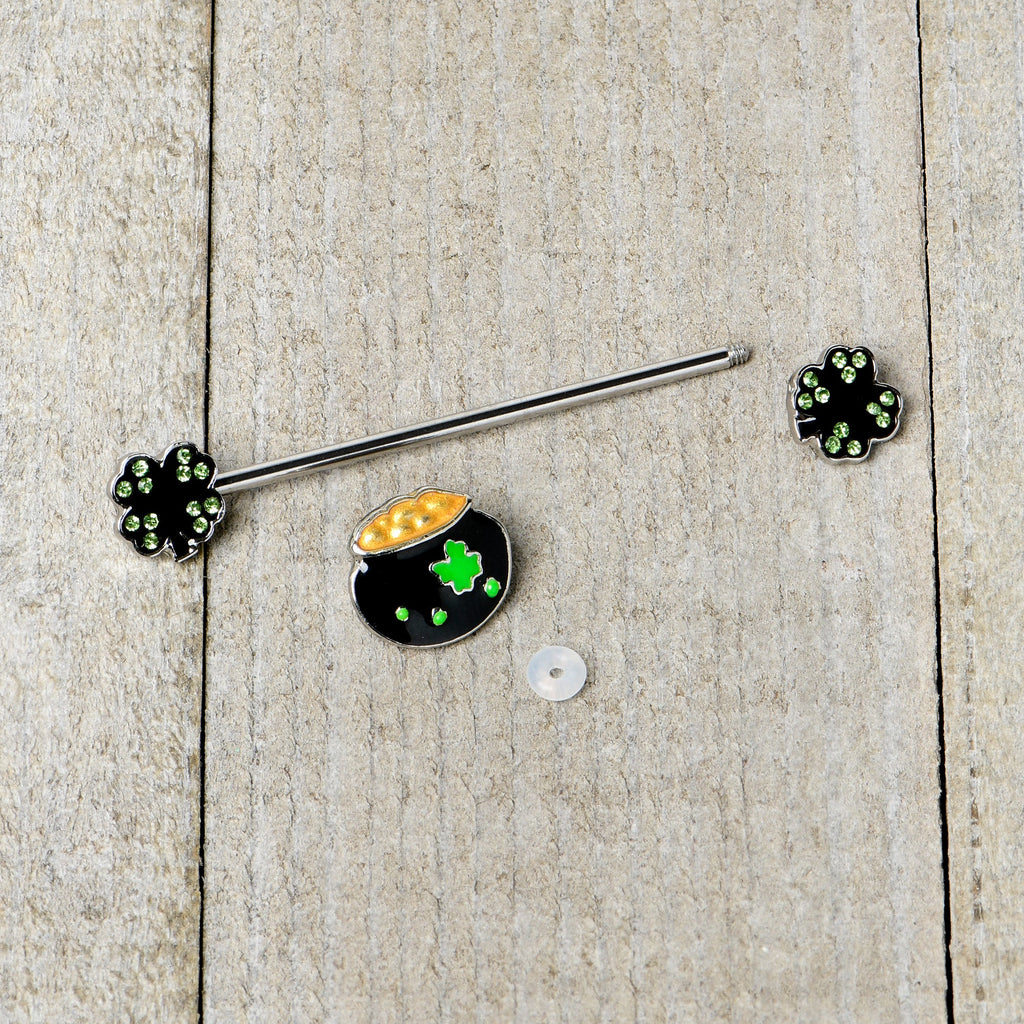 BodyCandy 14G Green Gem Shamrock Pot of Gold Industrial Barbell 38mm — back view