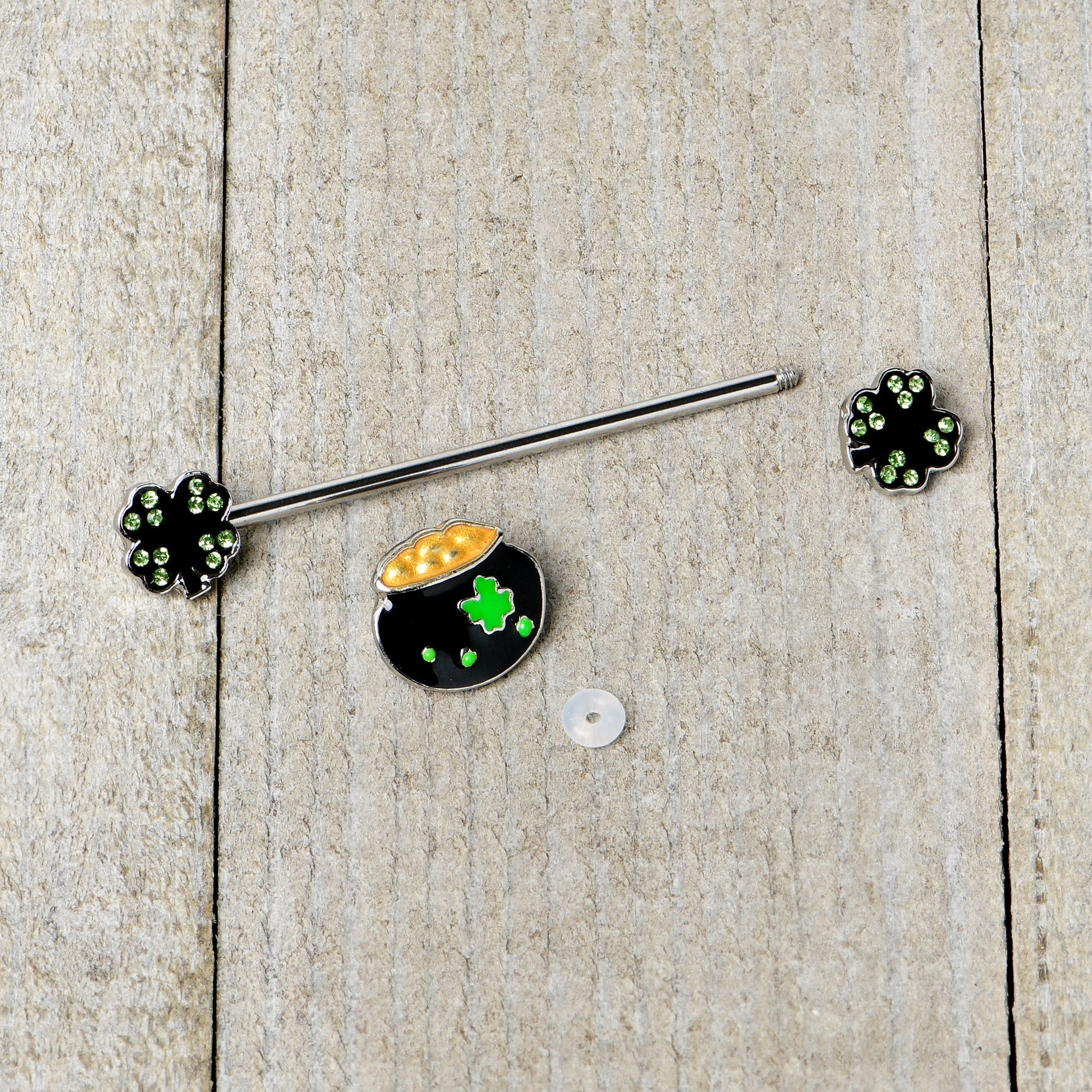BodyCandy 14G Green Gem Shamrock Pot of Gold Industrial Barbell 38mm — back view