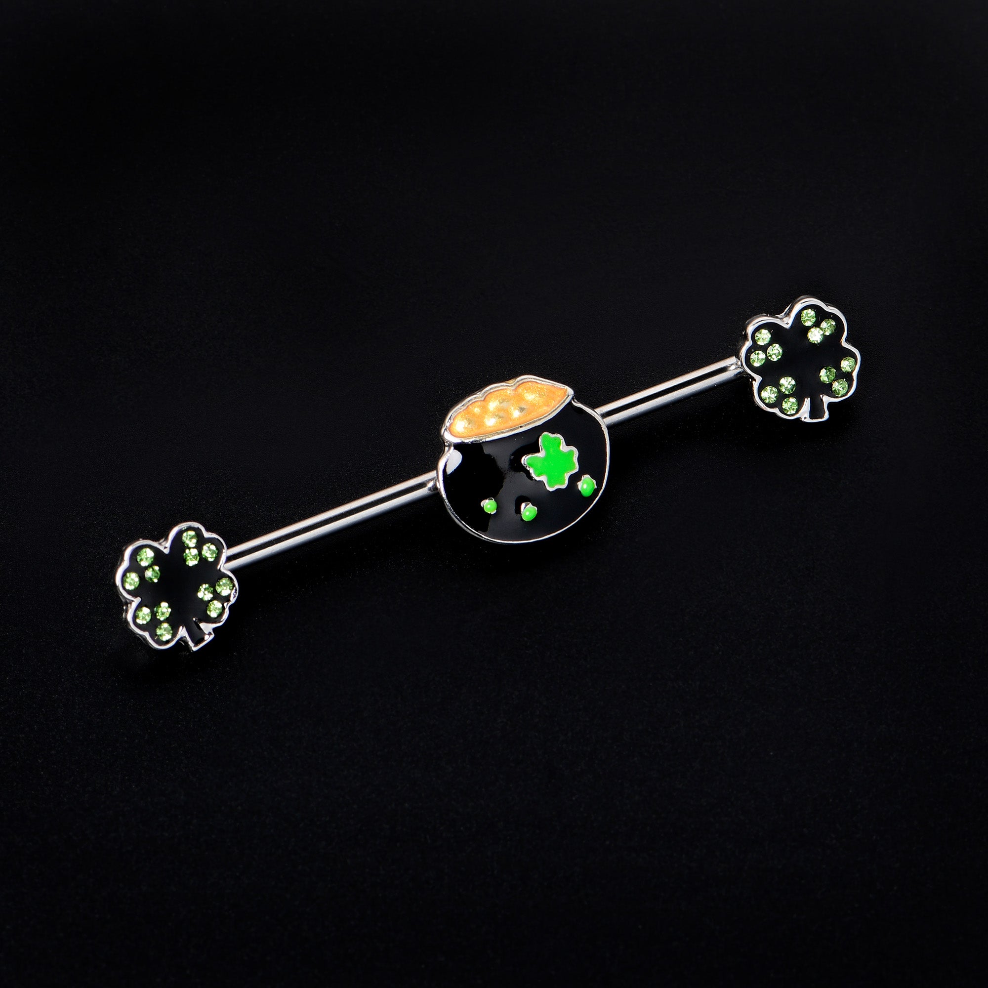 BodyCandy 14G Green Gem Shamrock Pot of Gold Industrial Barbell 38mm — alternative angle