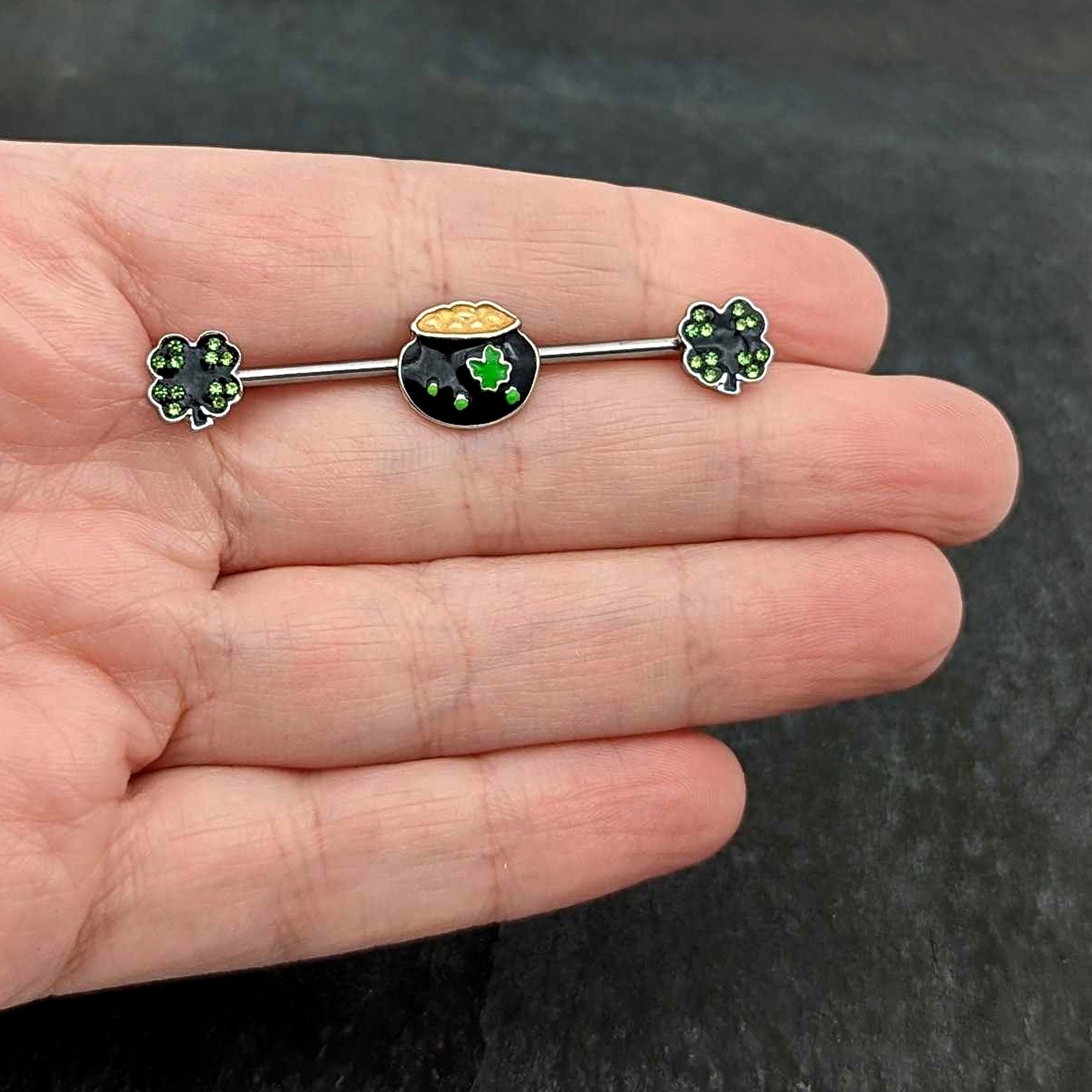 BodyCandy 14G Green Gem Shamrock Pot of Gold Industrial Barbell 38mm — in-use photo