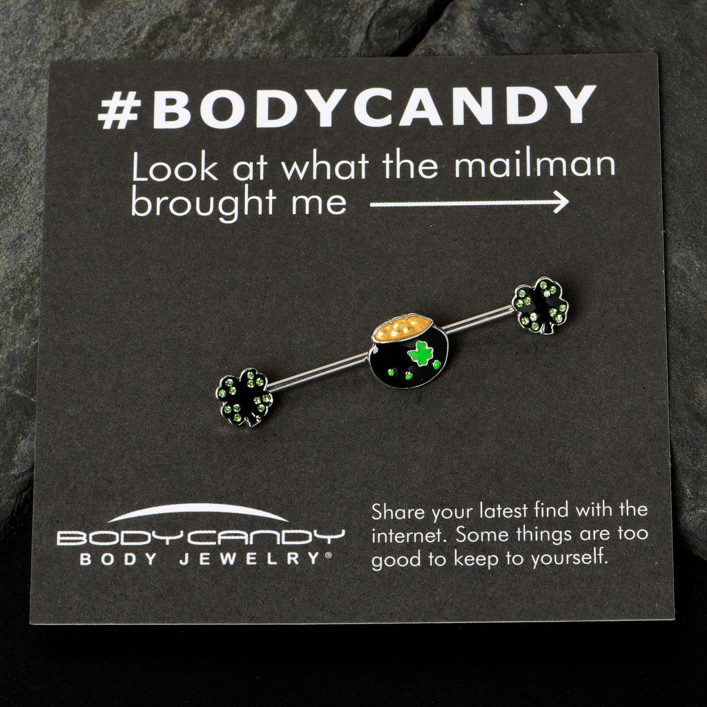 BodyCandy 14G Green Gem Shamrock Pot of Gold Industrial Barbell 38mm — size reference