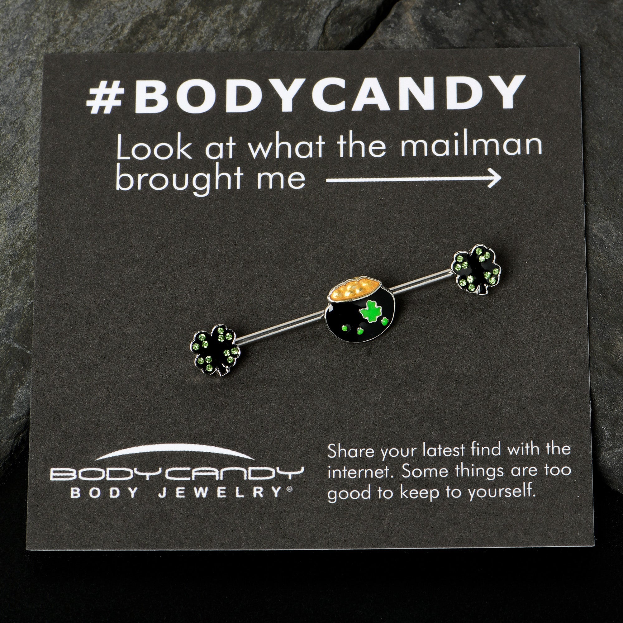 BodyCandy 14G Green Gem Shamrock Pot of Gold Industrial Barbell 38mm — size reference