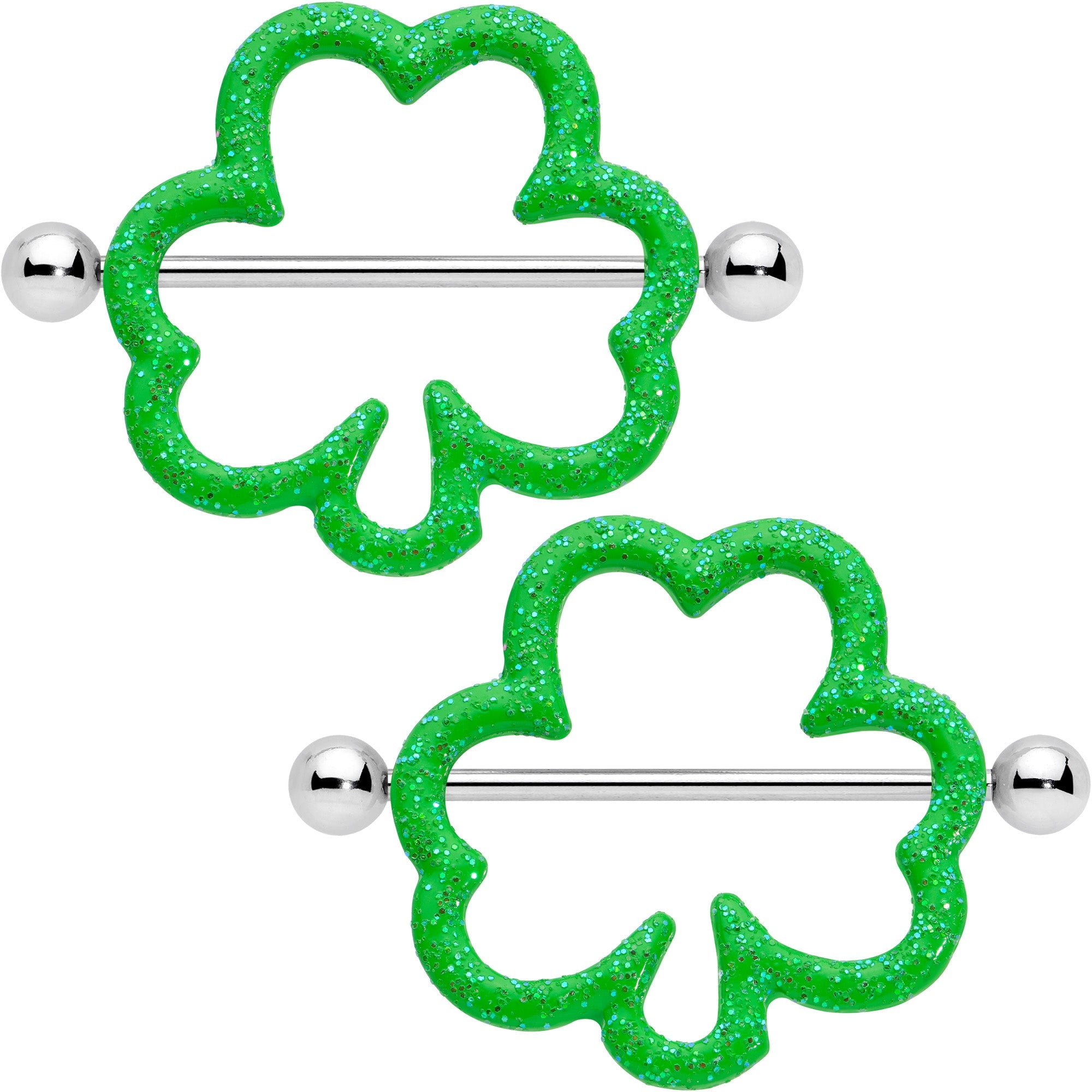 BodyCandy 14G 1 3/16 Lucky Shamrock St Patricks Day Green Nipple Shield Set — main product shot