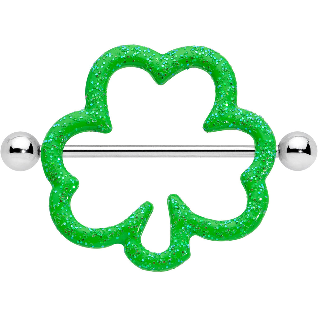 BodyCandy 14G 1 3/16 Lucky Shamrock St Patricks Day Green Nipple Shield Set — detail close-up
