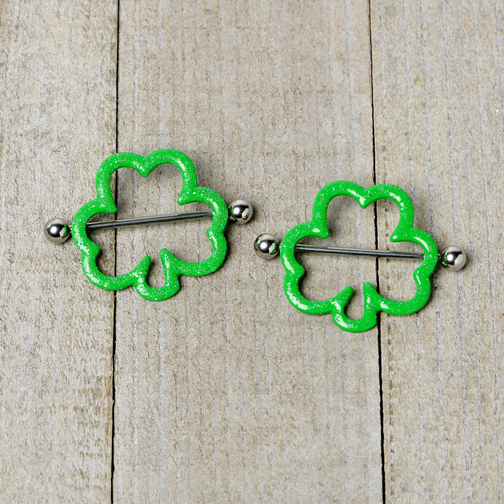 BodyCandy 14G 1 3/16 Lucky Shamrock St Patricks Day Green Nipple Shield Set — side view