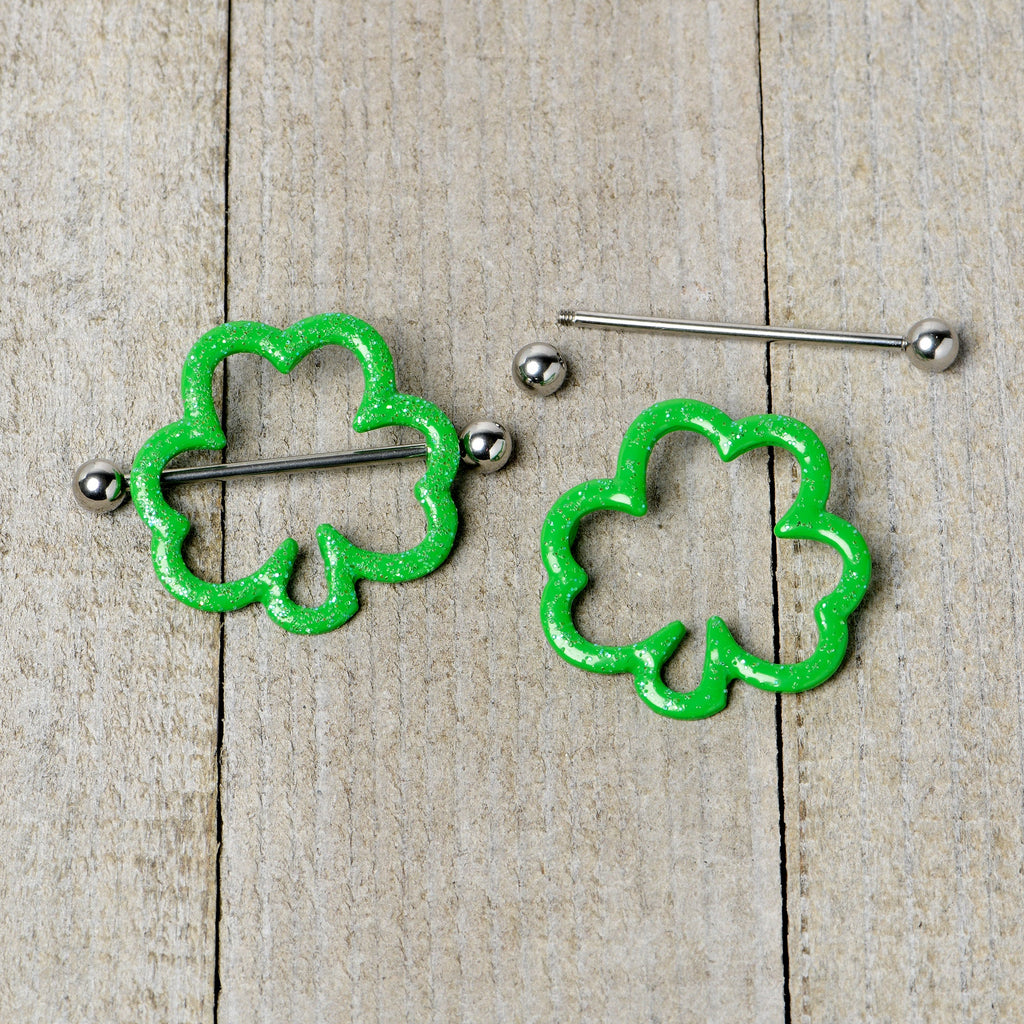 BodyCandy 14G 1 3/16 Lucky Shamrock St Patricks Day Green Nipple Shield Set — back view