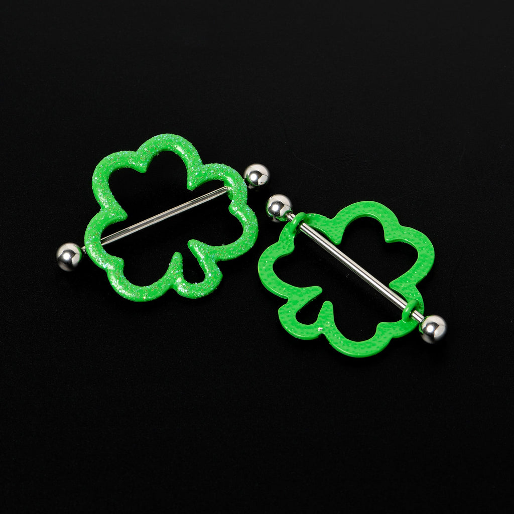 BodyCandy 14G 1 3/16 Lucky Shamrock St Patricks Day Green Nipple Shield Set — in-use photo