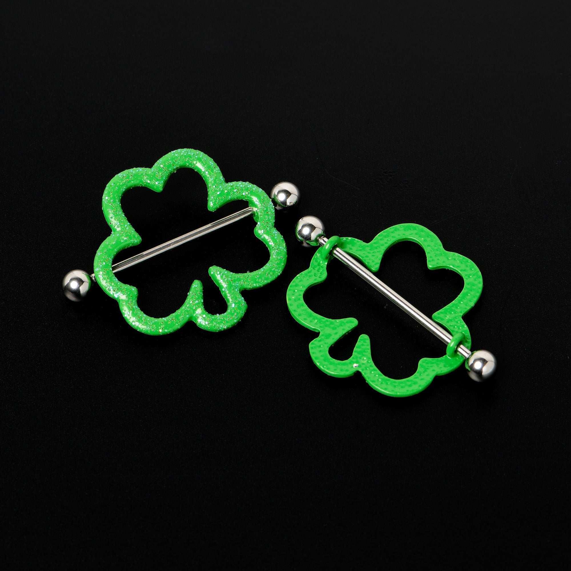 BodyCandy 14G 1 3/16 Lucky Shamrock St Patricks Day Green Nipple Shield Set — in-use photo
