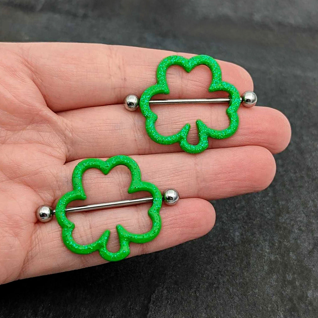 BodyCandy 14G 1 3/16 Lucky Shamrock St Patricks Day Green Nipple Shield Set — size reference