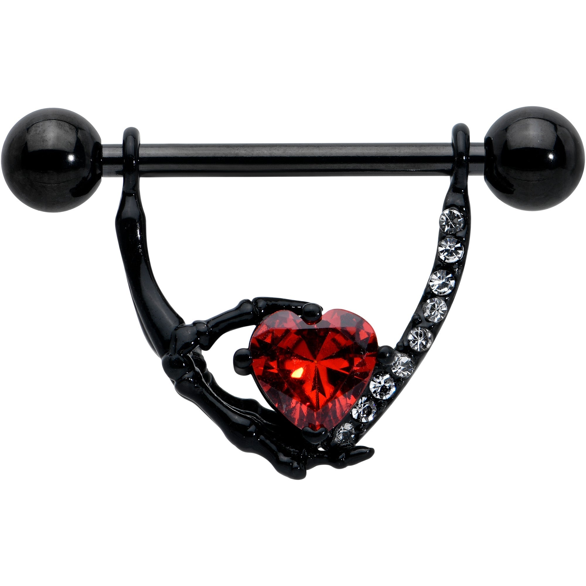 BodyCandy 14G 11/16 Red Clear CZ Gem Heart Claw Hand Dangle Nipple Ring Set — detail close-up