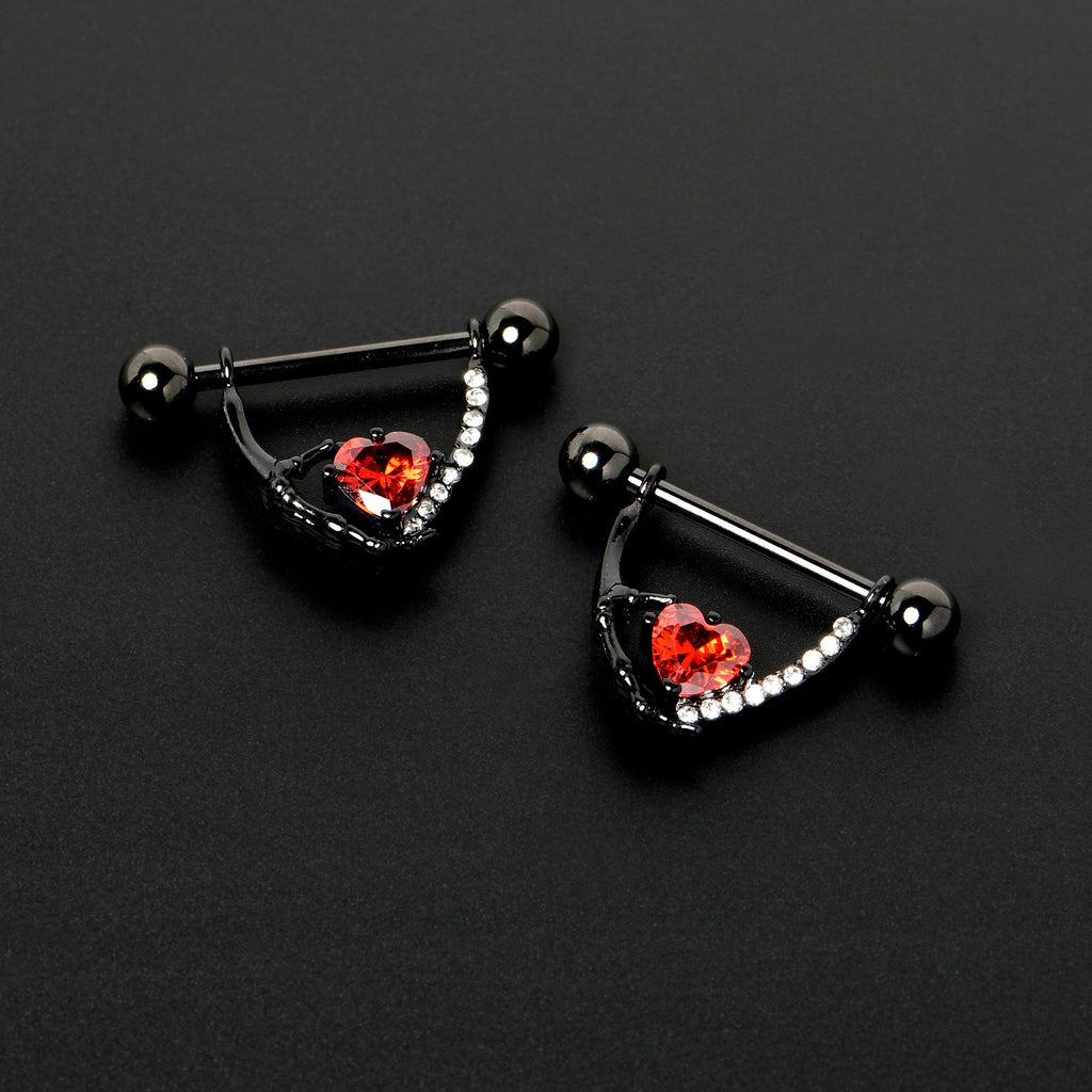 BodyCandy 14G 11/16 Red Clear CZ Gem Heart Claw Hand Dangle Nipple Ring Set — side view