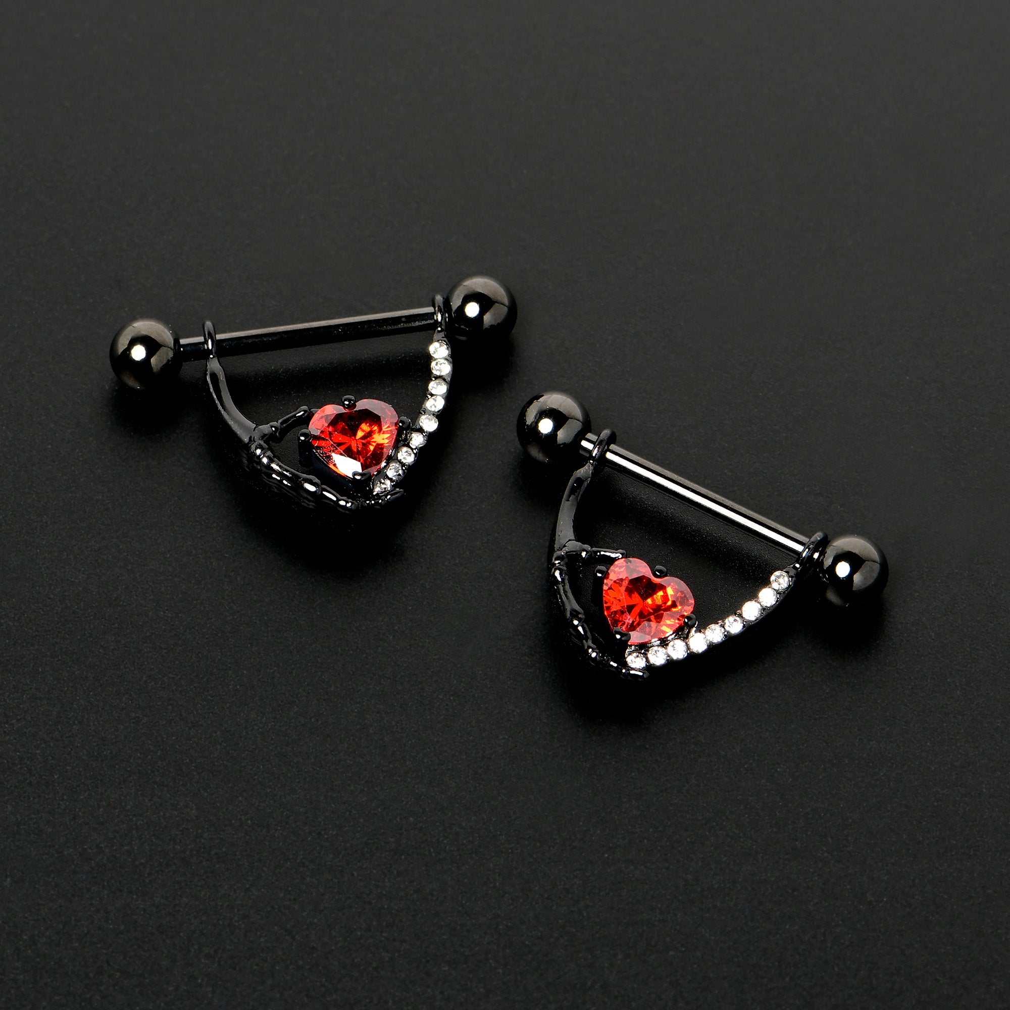 BodyCandy 14G 11/16 Red Clear CZ Gem Heart Claw Hand Dangle Nipple Ring Set — side view