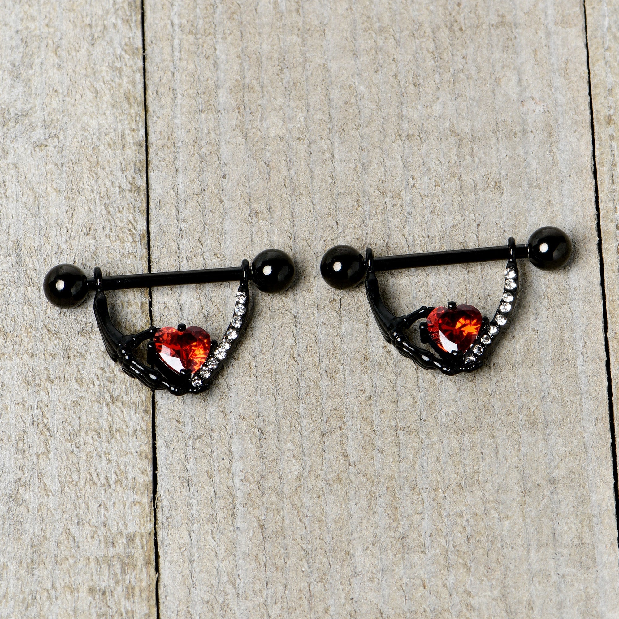 BodyCandy 14G 11/16 Red Clear CZ Gem Heart Claw Hand Dangle Nipple Ring Set — back view