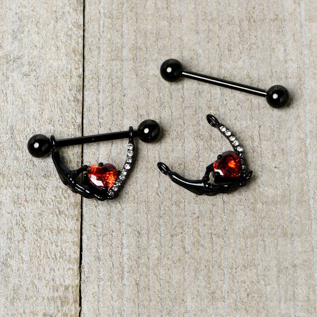 BodyCandy 14G 11/16 Red Clear CZ Gem Heart Claw Hand Dangle Nipple Ring Set — alternative angle