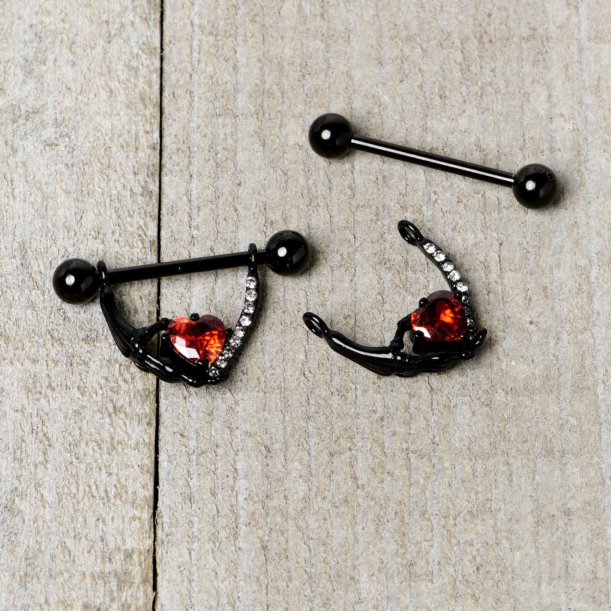 BodyCandy 14G 11/16 Red Clear CZ Gem Heart Claw Hand Dangle Nipple Ring Set — alternative angle
