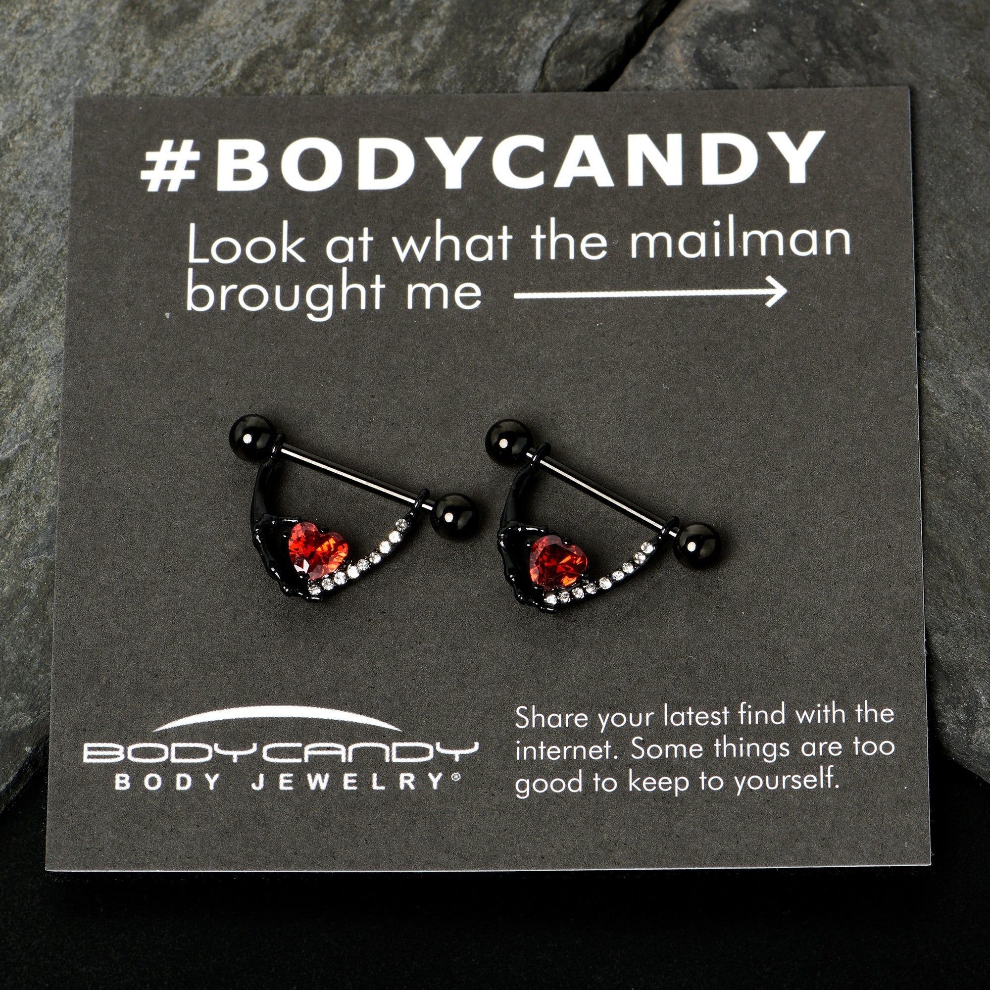 BodyCandy 14G 11/16 Red Clear CZ Gem Heart Claw Hand Dangle Nipple Ring Set — size reference