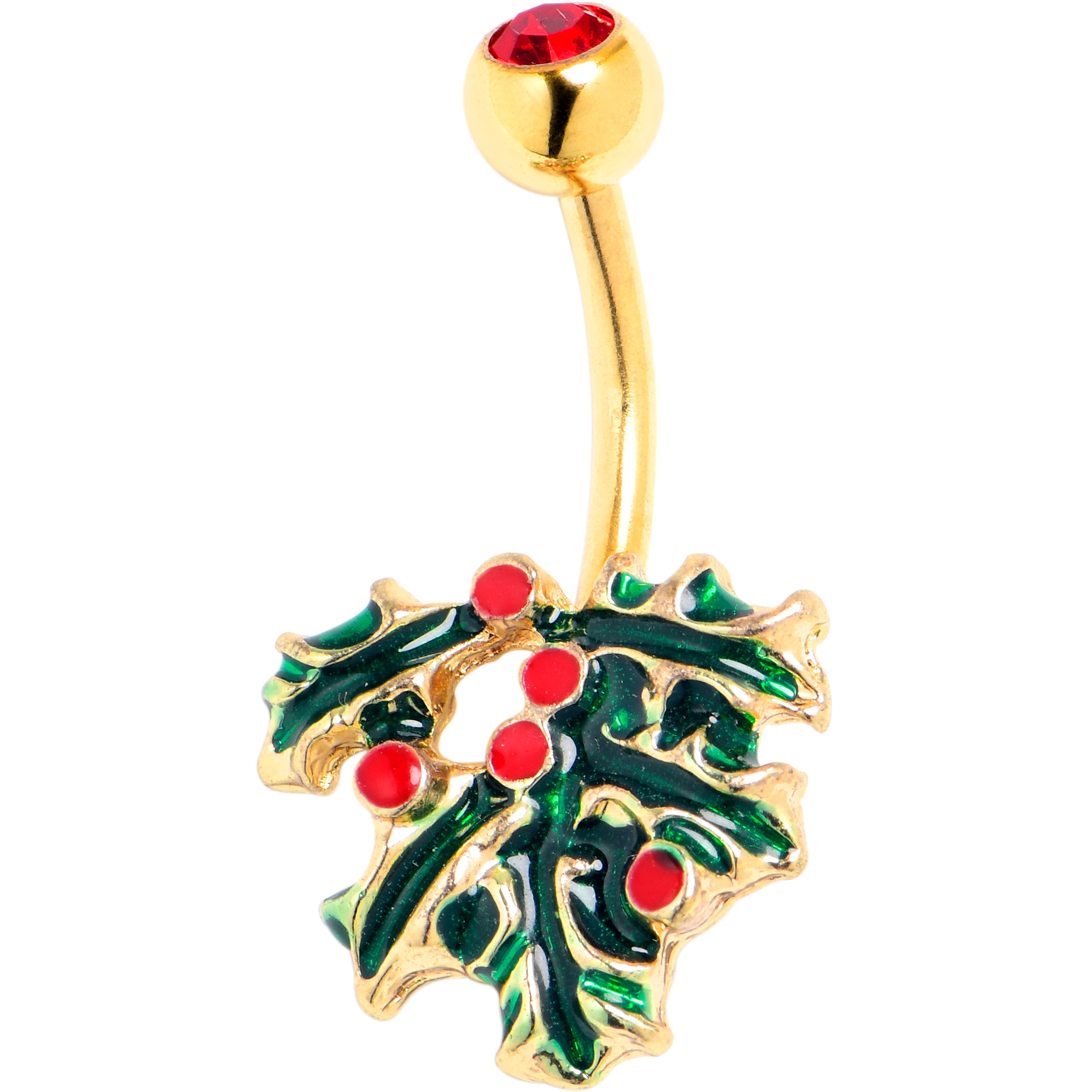 BodyCandy Red Gem Gold Tone Festive Holly Sprig Christmas Belly Ring — main product shot