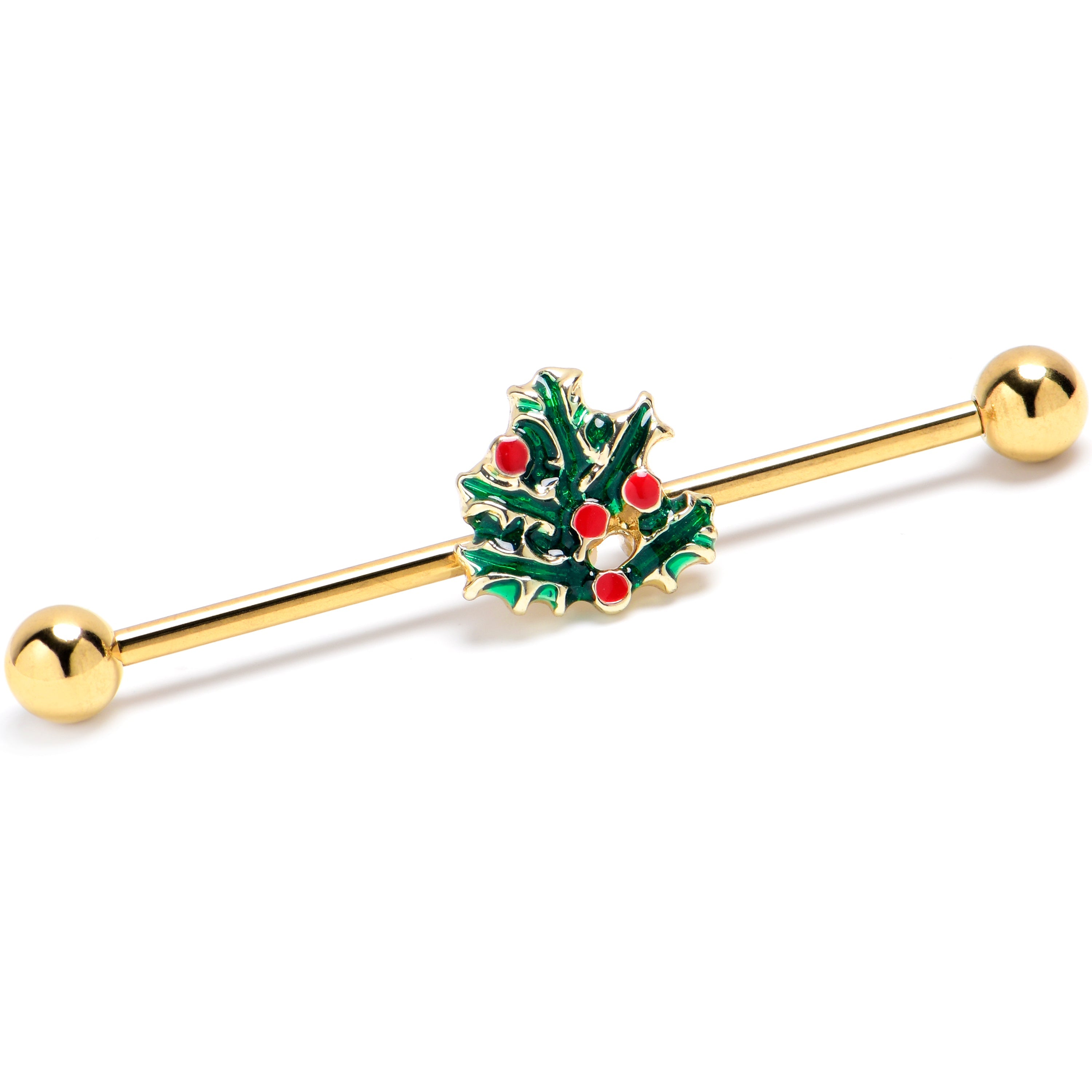 BodyCandy 14G Gold Tone Festive Holly Sprig Industrial Barbell 38mm — main product shot