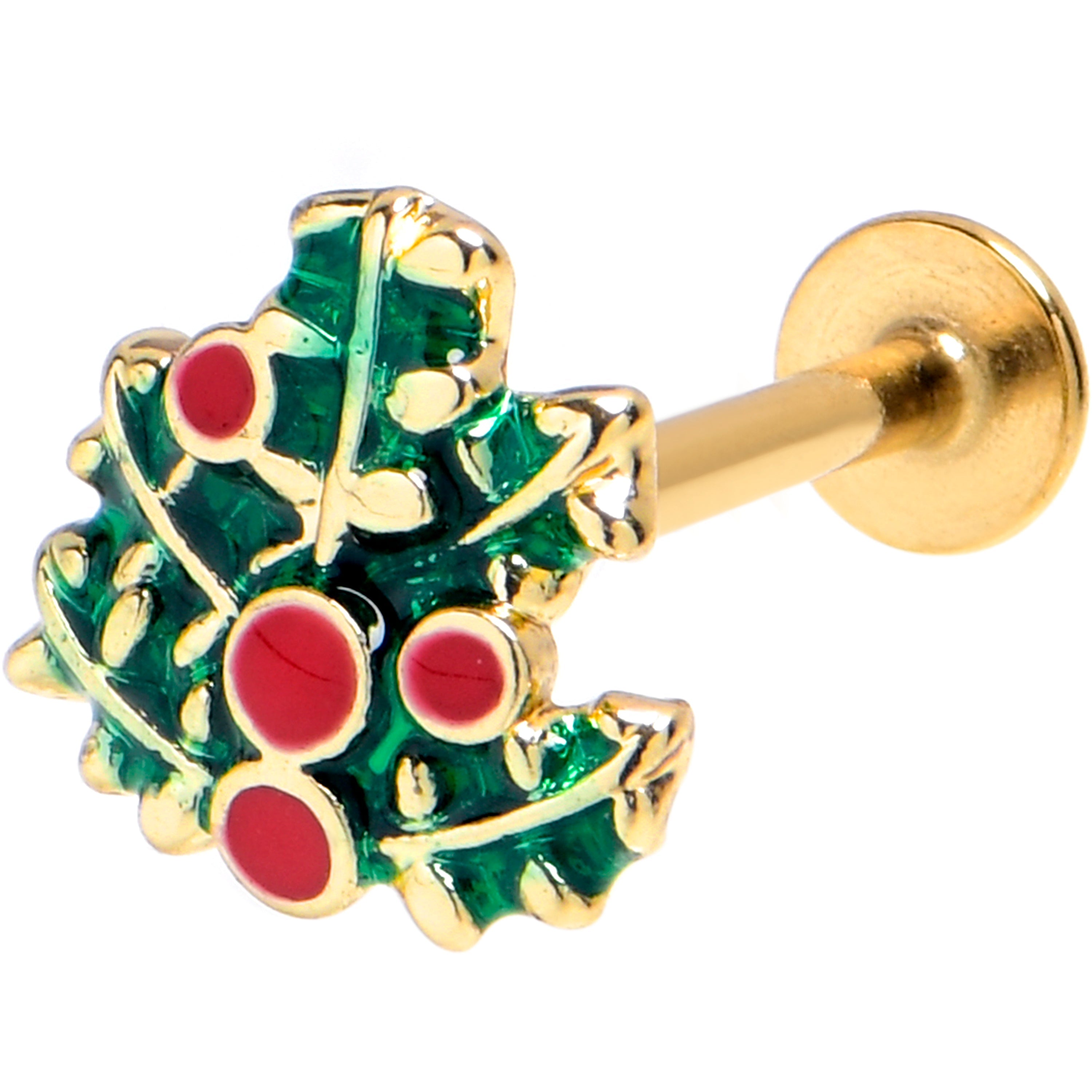 BodyCandy 16G 5/16 Gold Tone Festive Holly Sprig Labret Monroe Tragus — main product shot