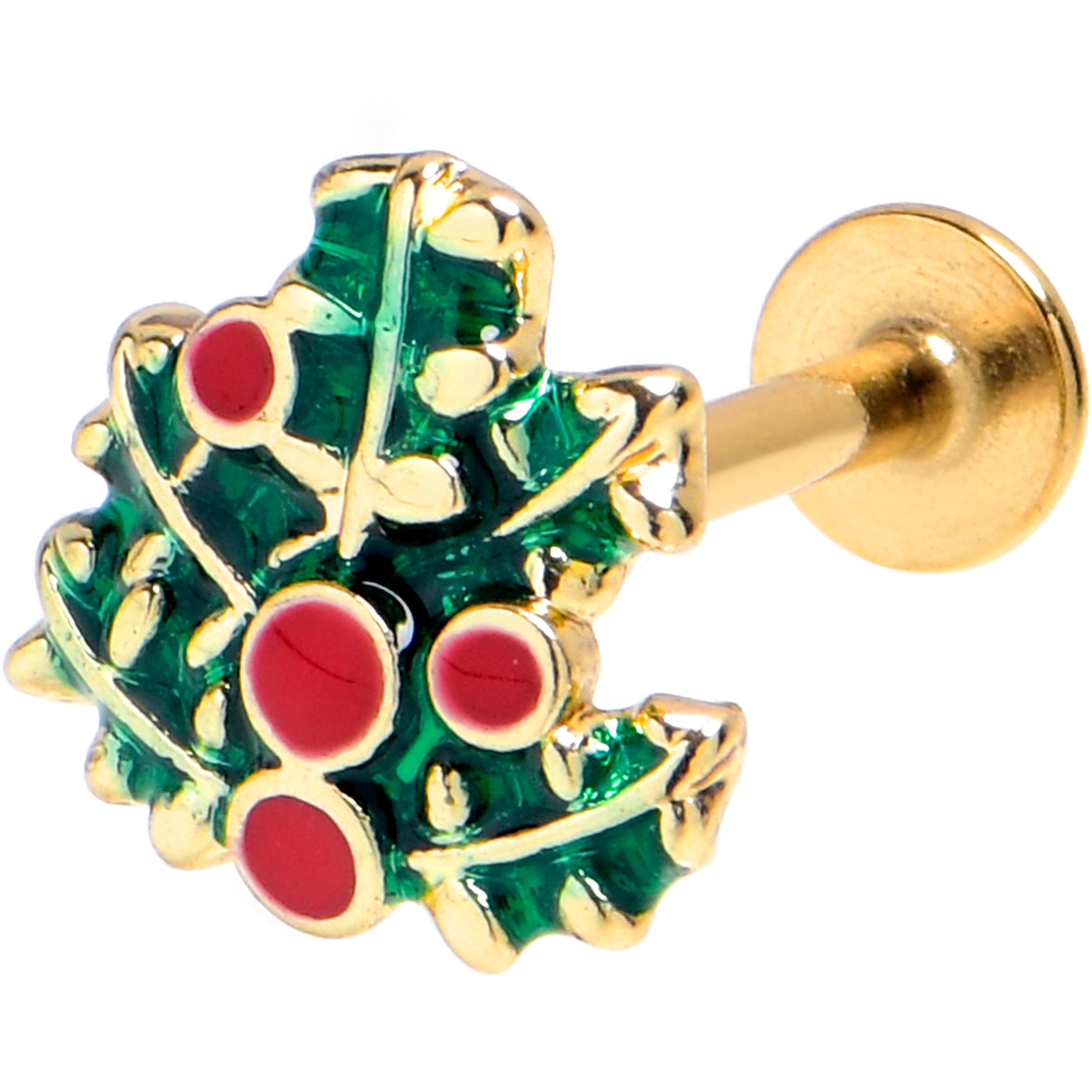 BodyCandy 16G 1/4 Gold Tone Festive Holly Sprig Labret Tragus — main product shot