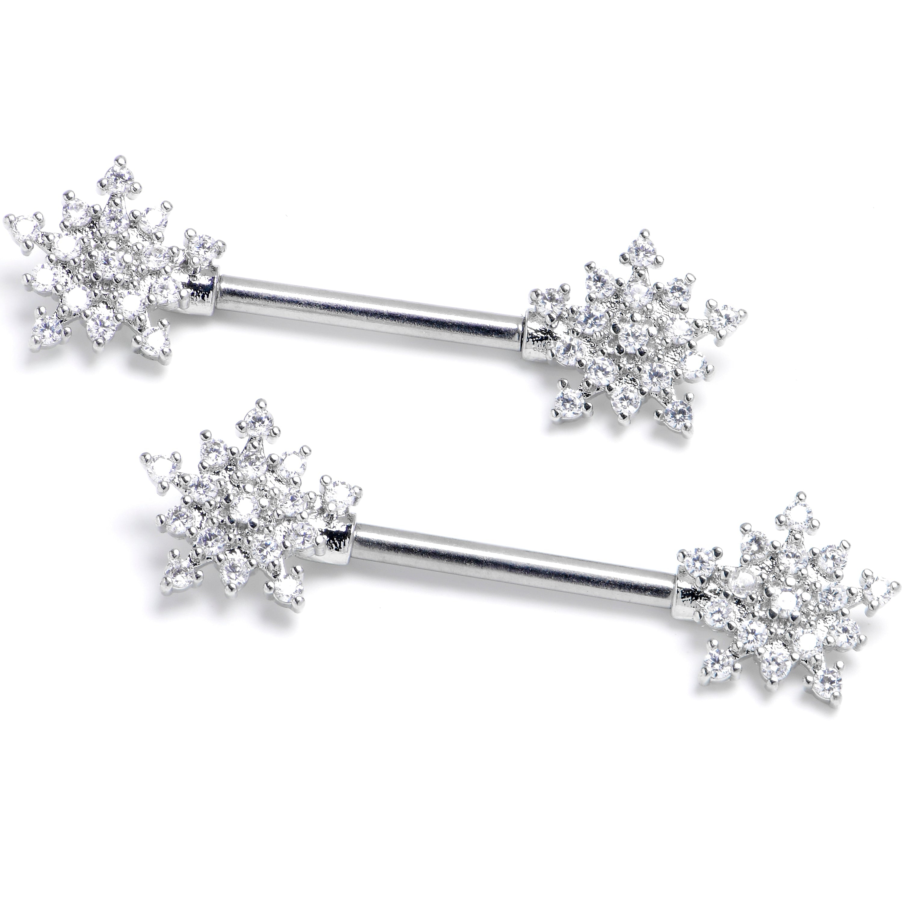 BodyCandy 14G 9/16 Clear Gem Classic Snowflake Barbell Nipple Ring Set — main product shot