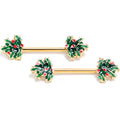 BodyCandy 14G 9/16 Gold Tone Festive Holly Sprig Barbell Nipple Ring Set — main product shot