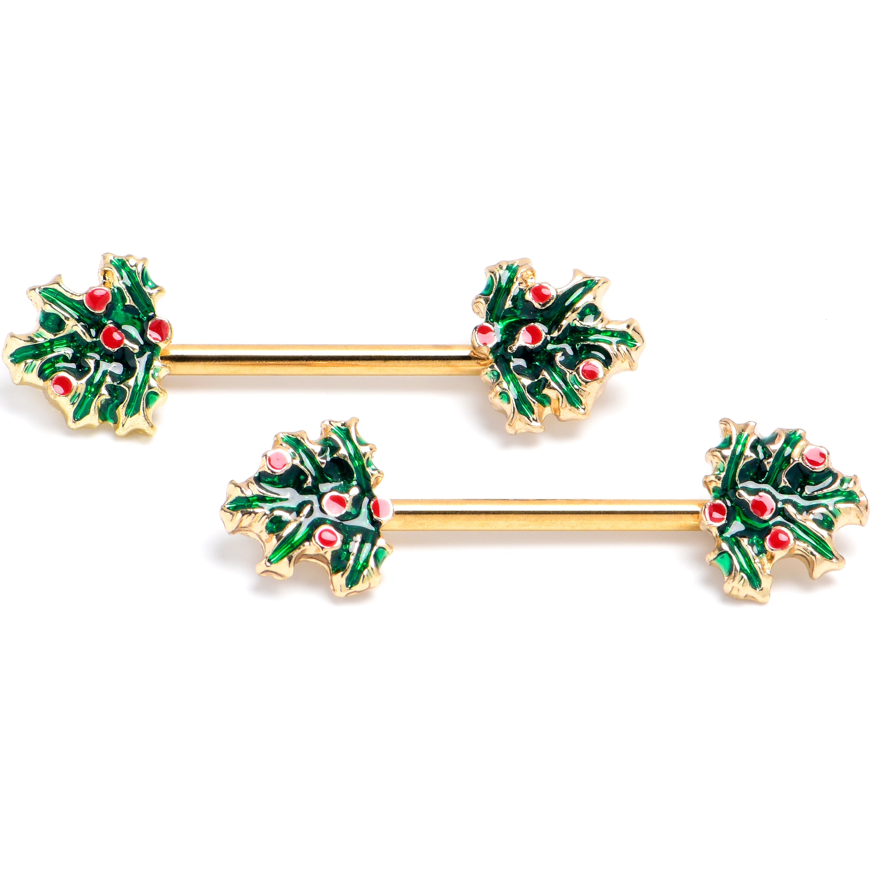 BodyCandy 14G 9/16 Gold Tone Festive Holly Sprig Barbell Nipple Ring Set — main product shot