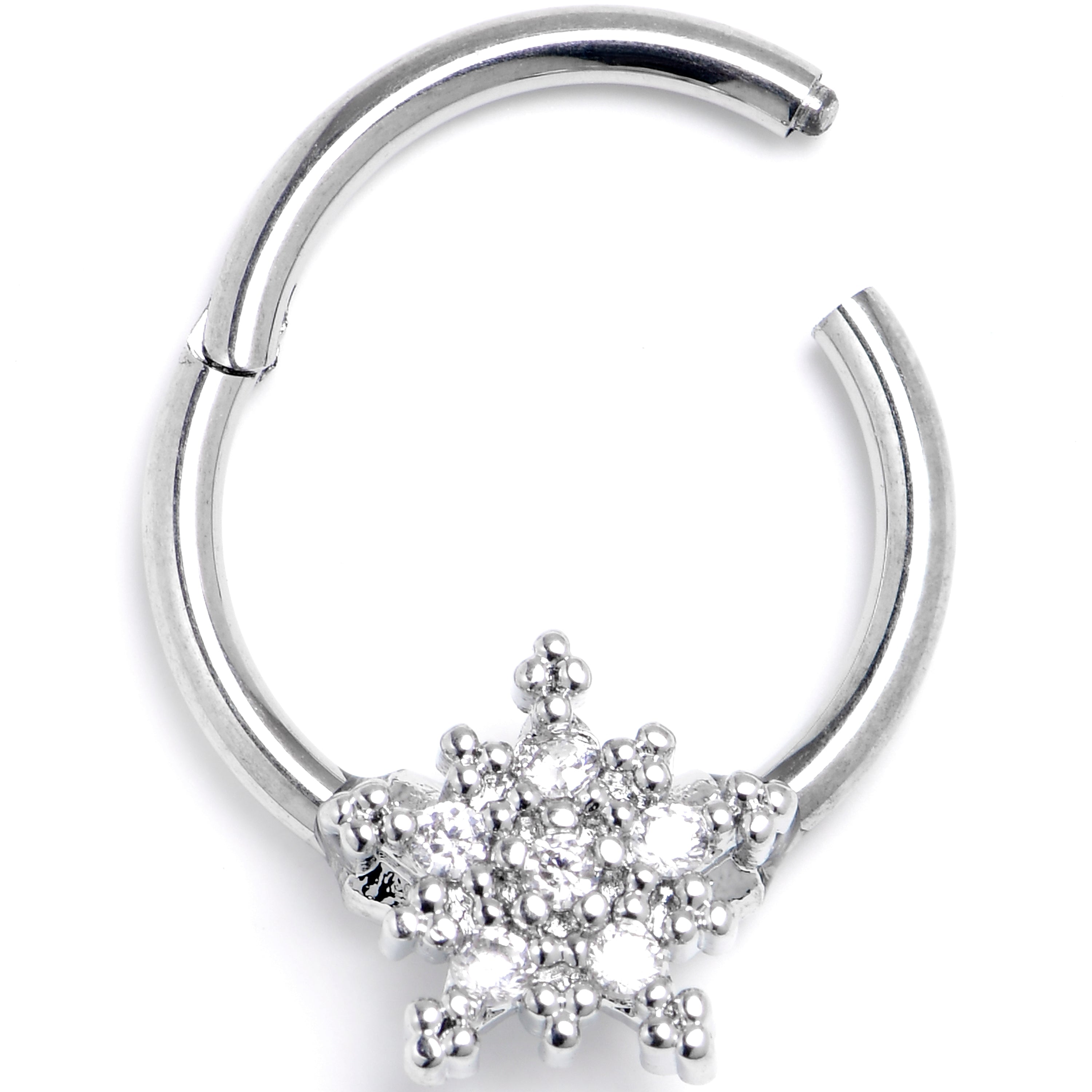 BodyCandy 16G 3/8 Clear Gem Classic Snowflake Christmas Hinged Segment Ring — main product shot