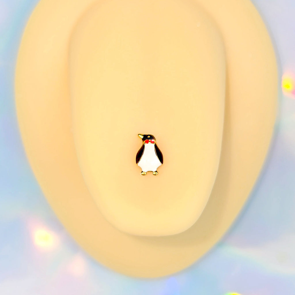 BodyCandy Gold Tone Bow Tie Penguin Barbell Tongue Ring — detail close-up